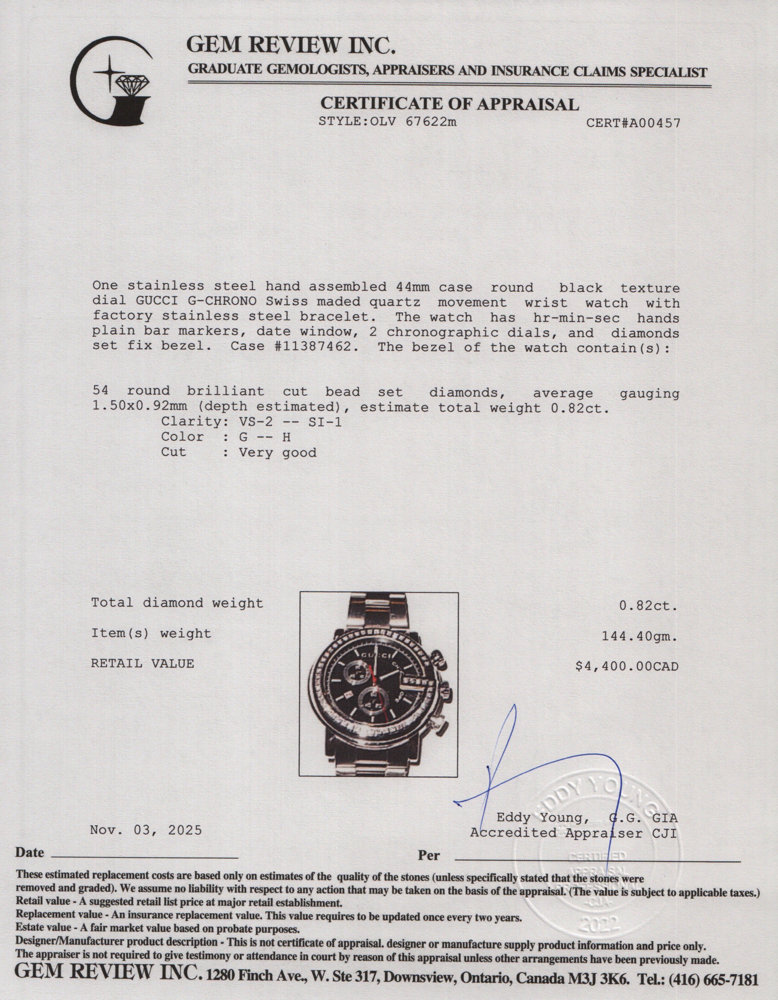 Gucci Staineless Steel Diamond Bezel G-Chrono 44MM Watch Black Dial