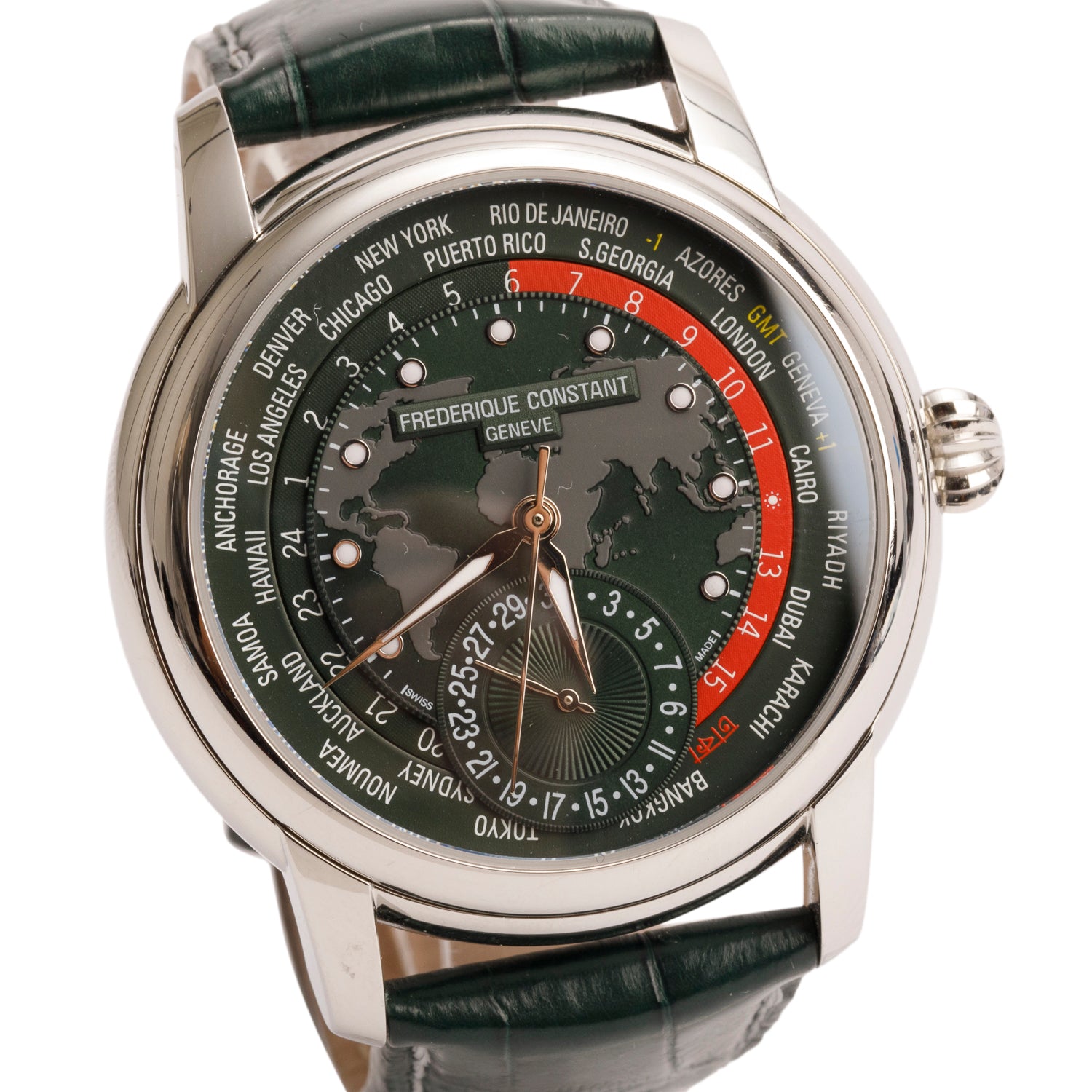 Frederique Constant Stainless Steel Classic Manufacture Worldtimer World Time 42 MM Automatic Watch Green Dial