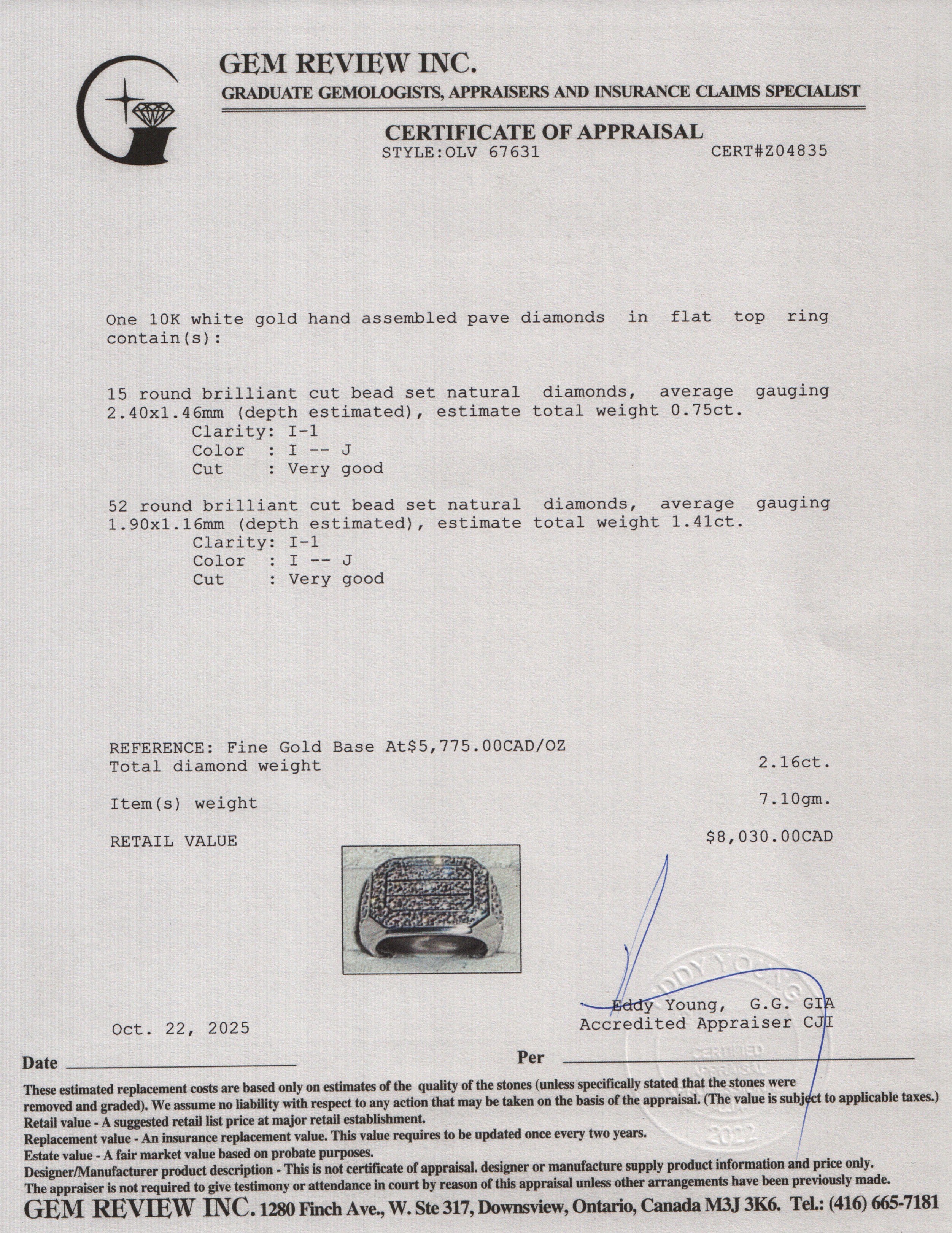 10k White Gold Pave Diamond Flat Top Ring, Size 8.75