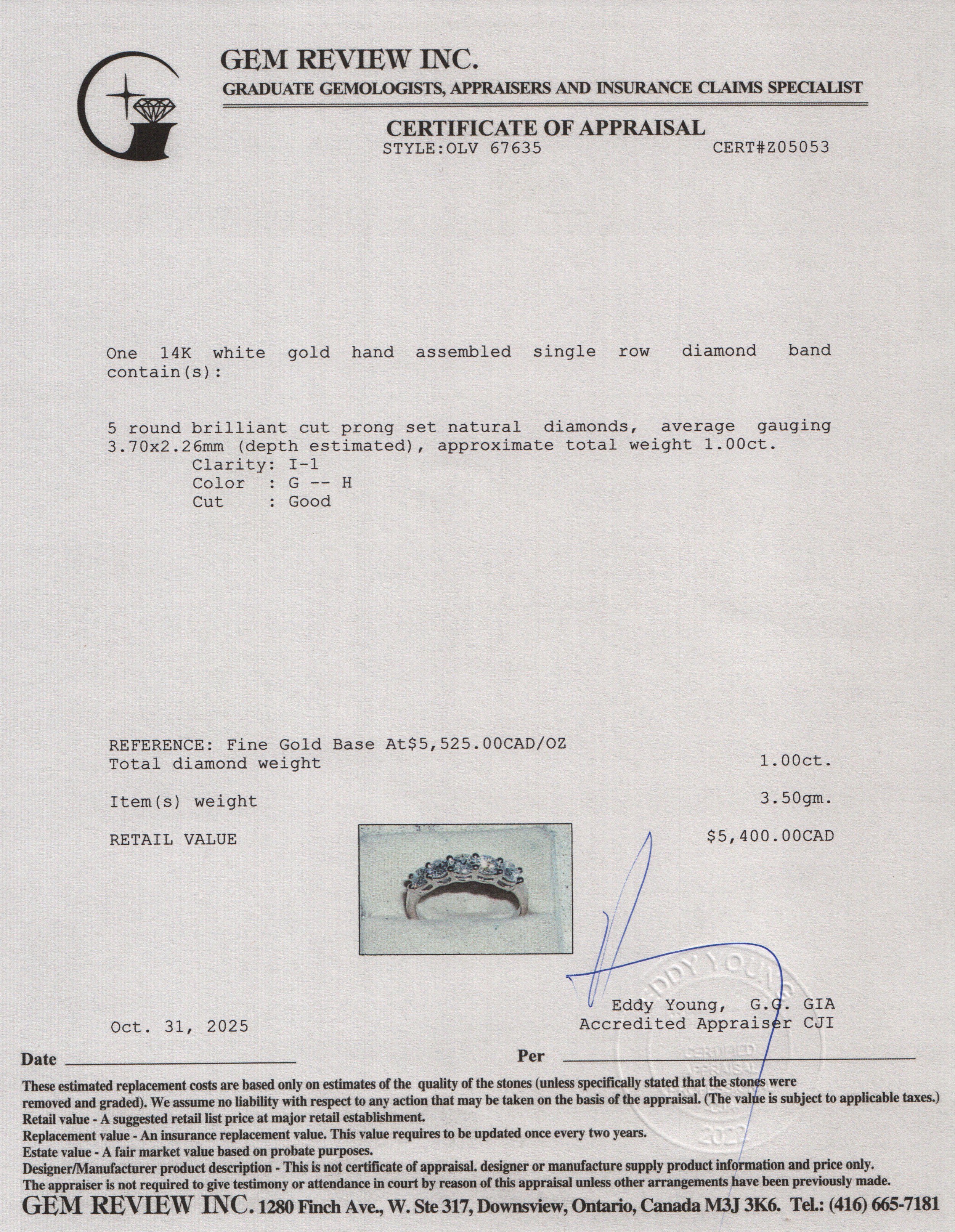 14k White Gold Five-Stone Diamond Band Ring, Size 7