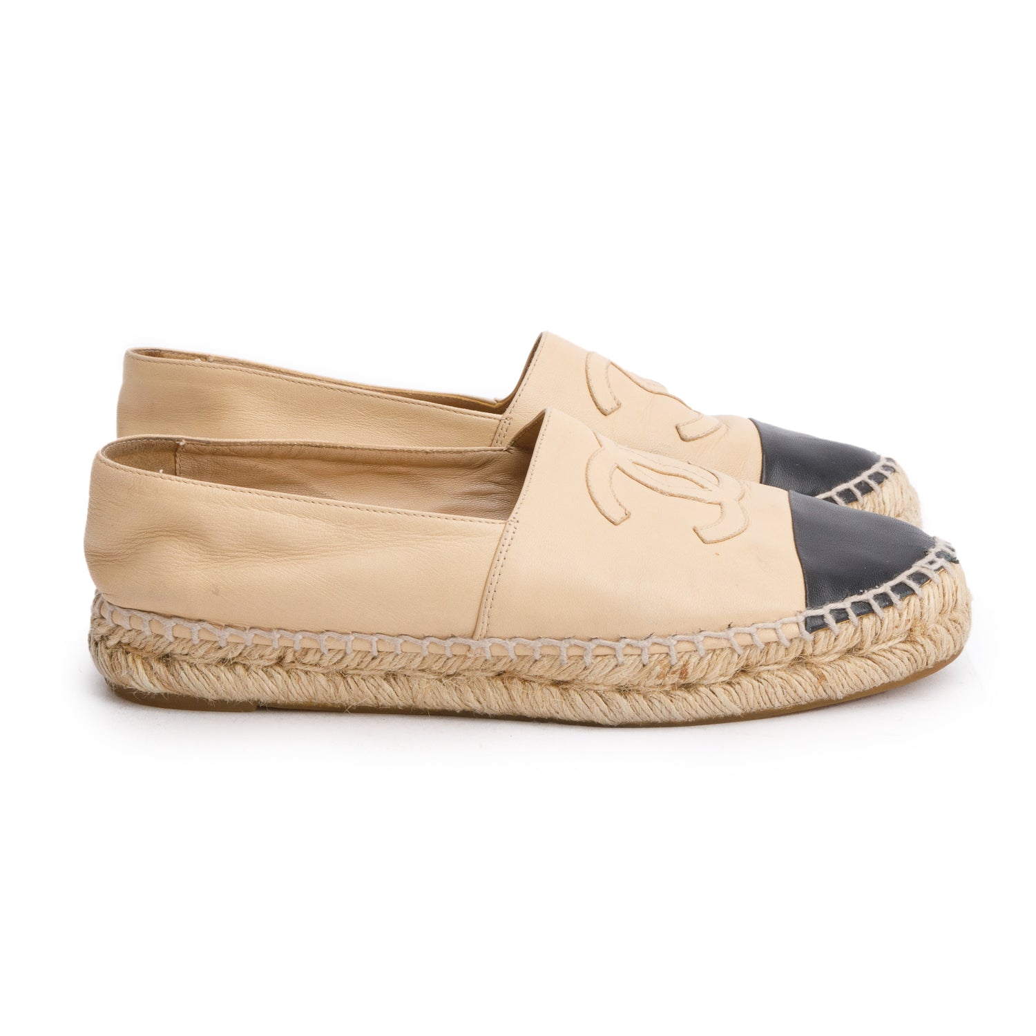 Chanel Neutral & Black Leather CC Logo Espadrilles, Size 37