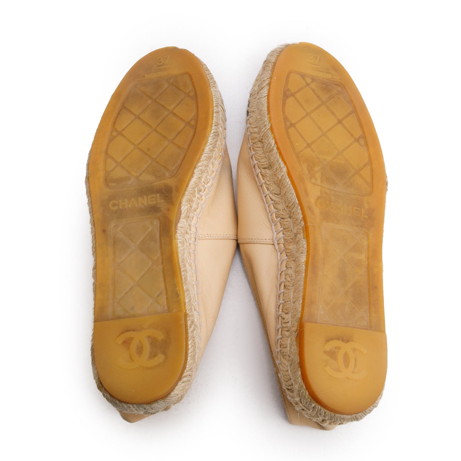 Chanel Neutral & Black Leather CC Logo Espadrilles, Size 37