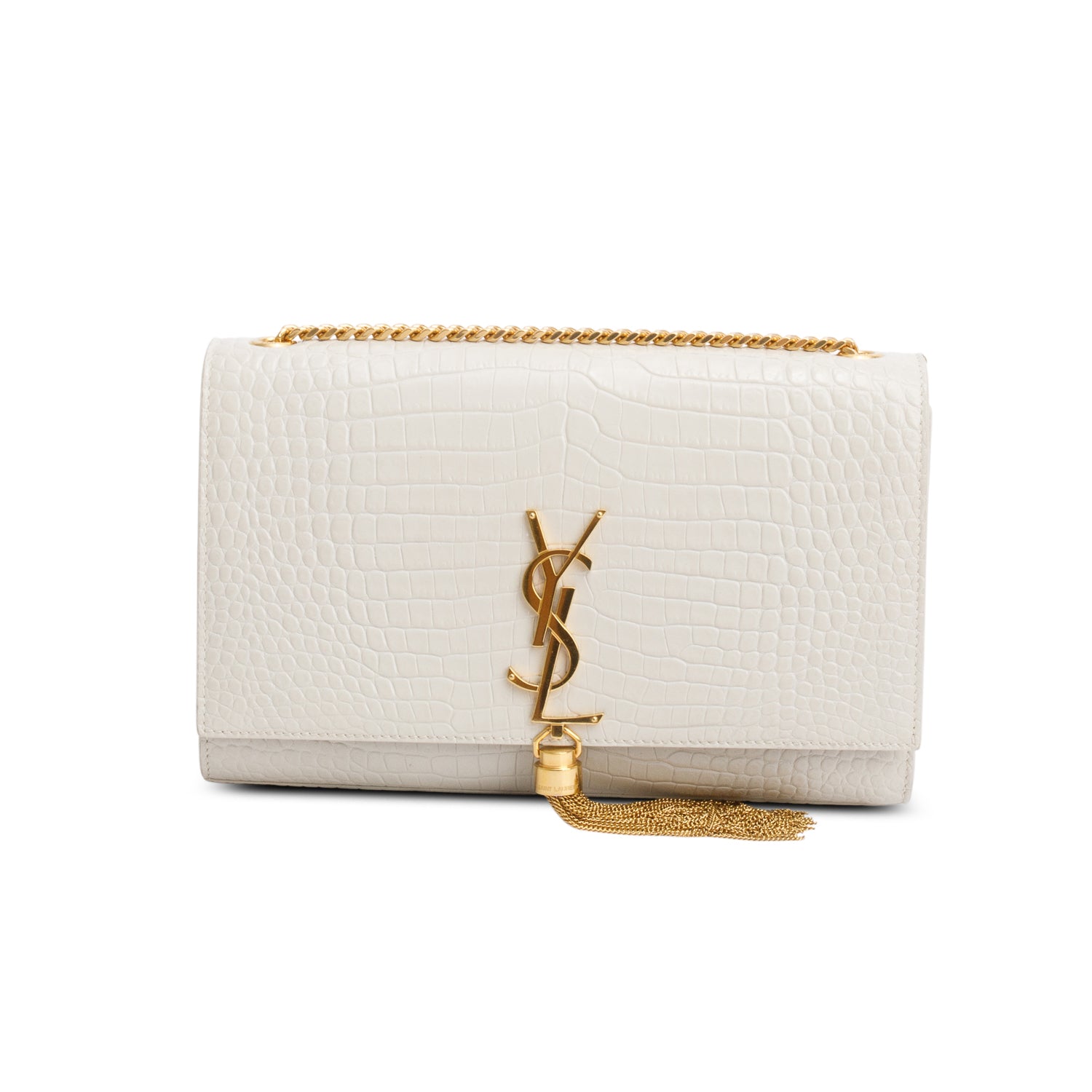 Saint Laurent 2021 Grey Crocodile-Embossed Leather Medium Classic Monogram Kate Tassel Chain Bag