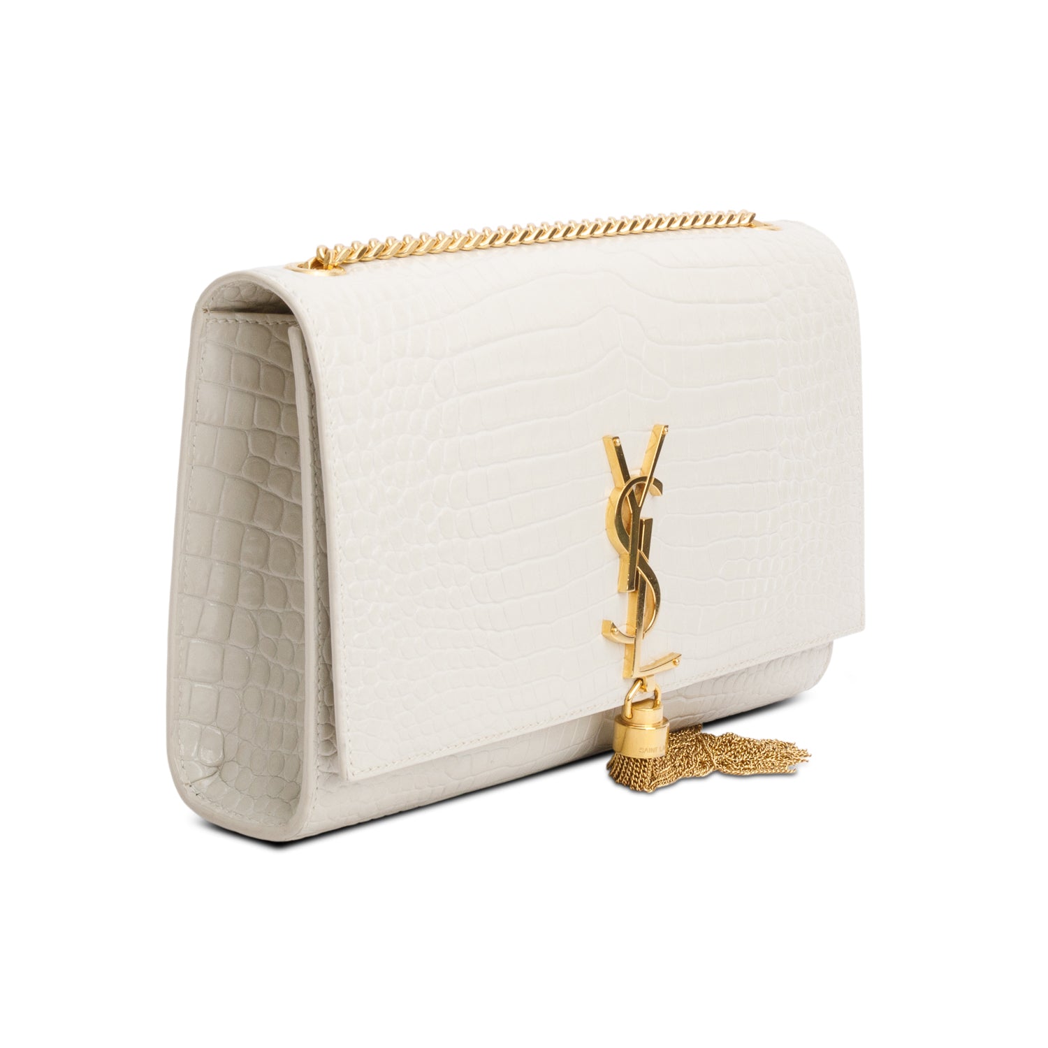 Saint Laurent 2021 Grey Crocodile-Embossed Leather Medium Classic Monogram Kate Tassel Chain Bag