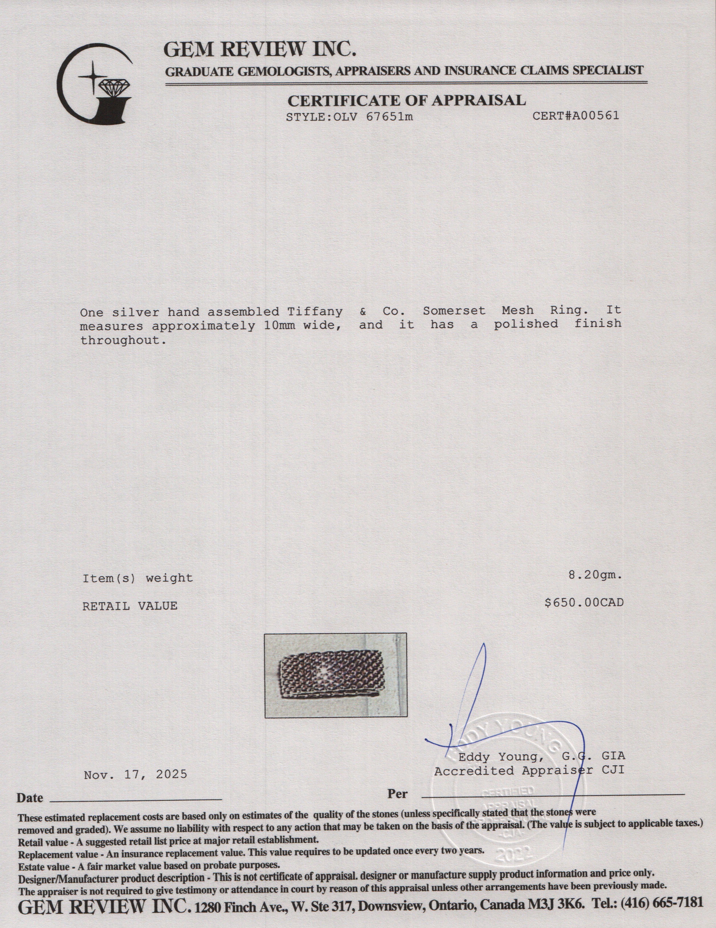 Tiffany & Co. Sterling Silver Somerset Mesh Ring, Size 7