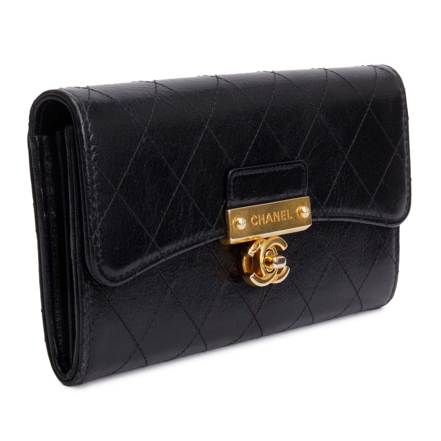 Chanel Black Goatskin Quilted Golden Class Long Wallet w/ Authenticity Card