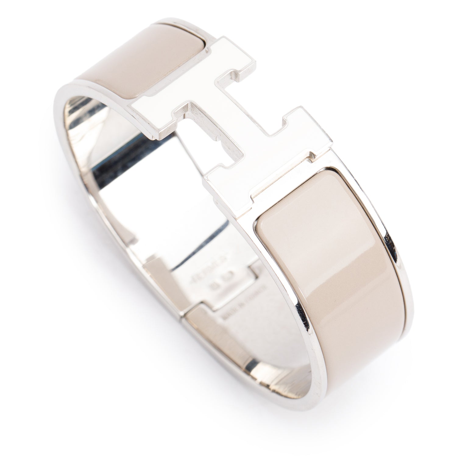 Hermes Palladium-Plated Taupe/White Enamel Clic Clac H Bracelet w/ Box