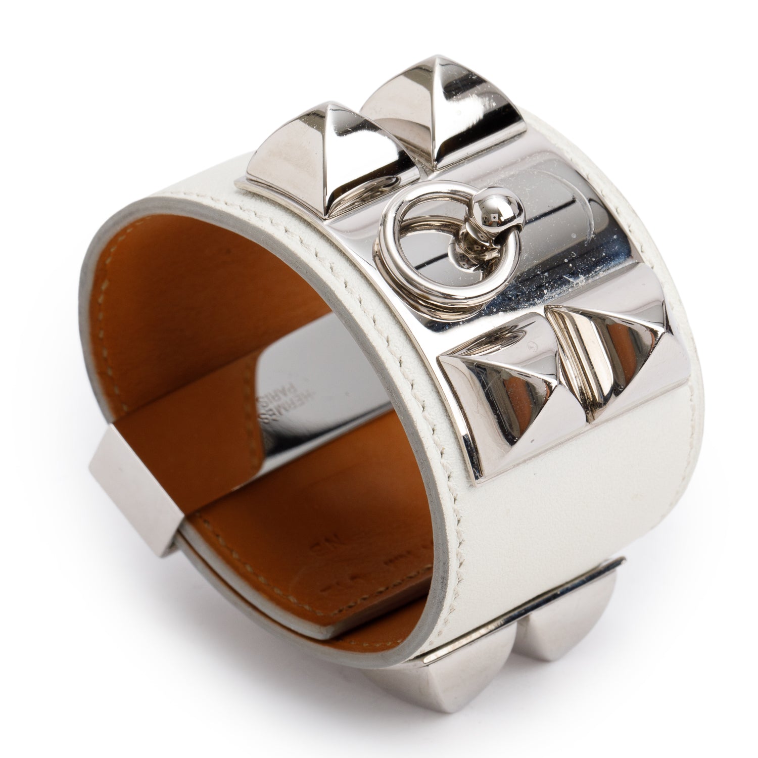 Hermes Palladium-Plated White Box Calfskin Leather Collier de Chien Bracelet, Size T2 w/ Box