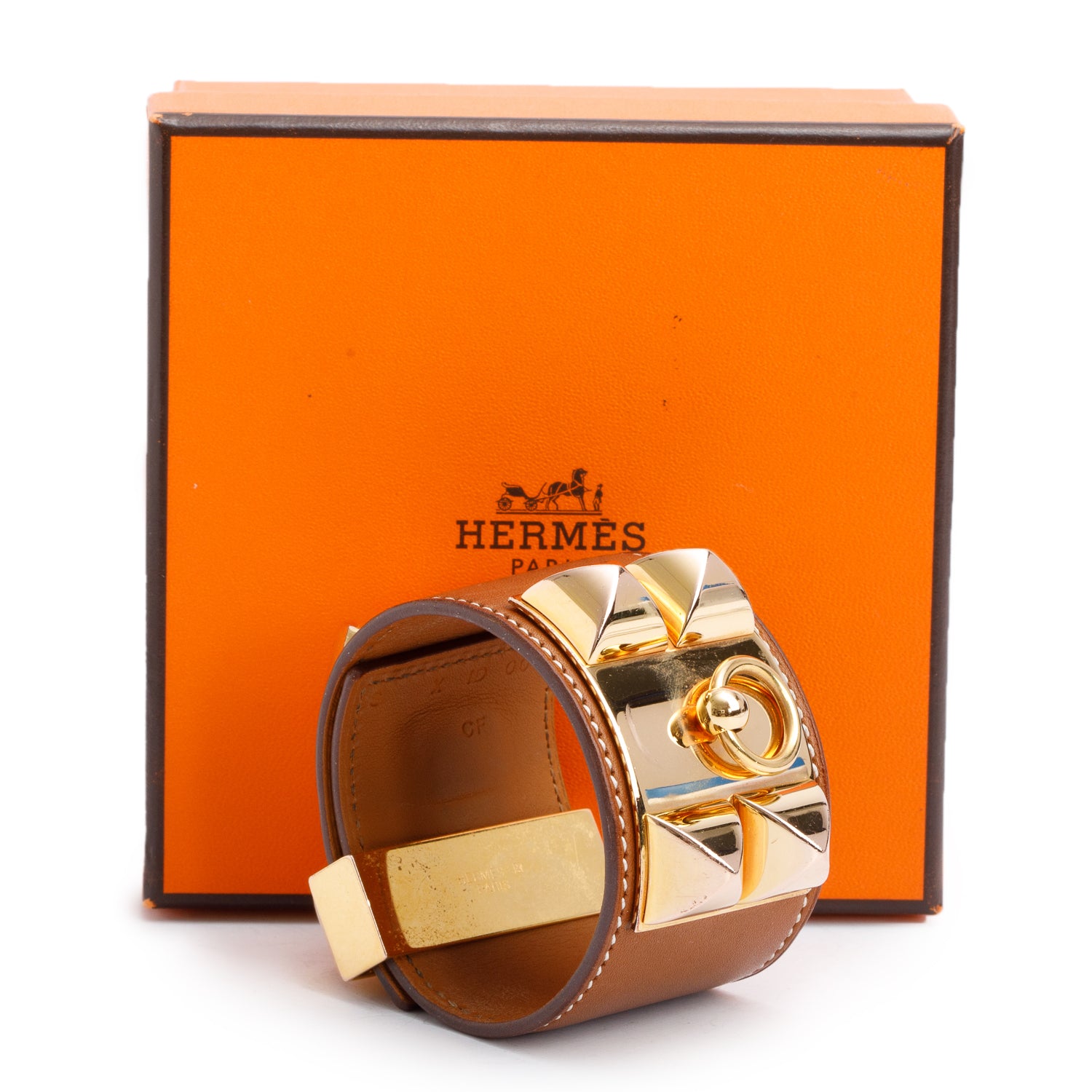 Hermes Gold-Plated Gold Box Calfskin Leather Collier de Chien Bracelet, Size S w/ Box