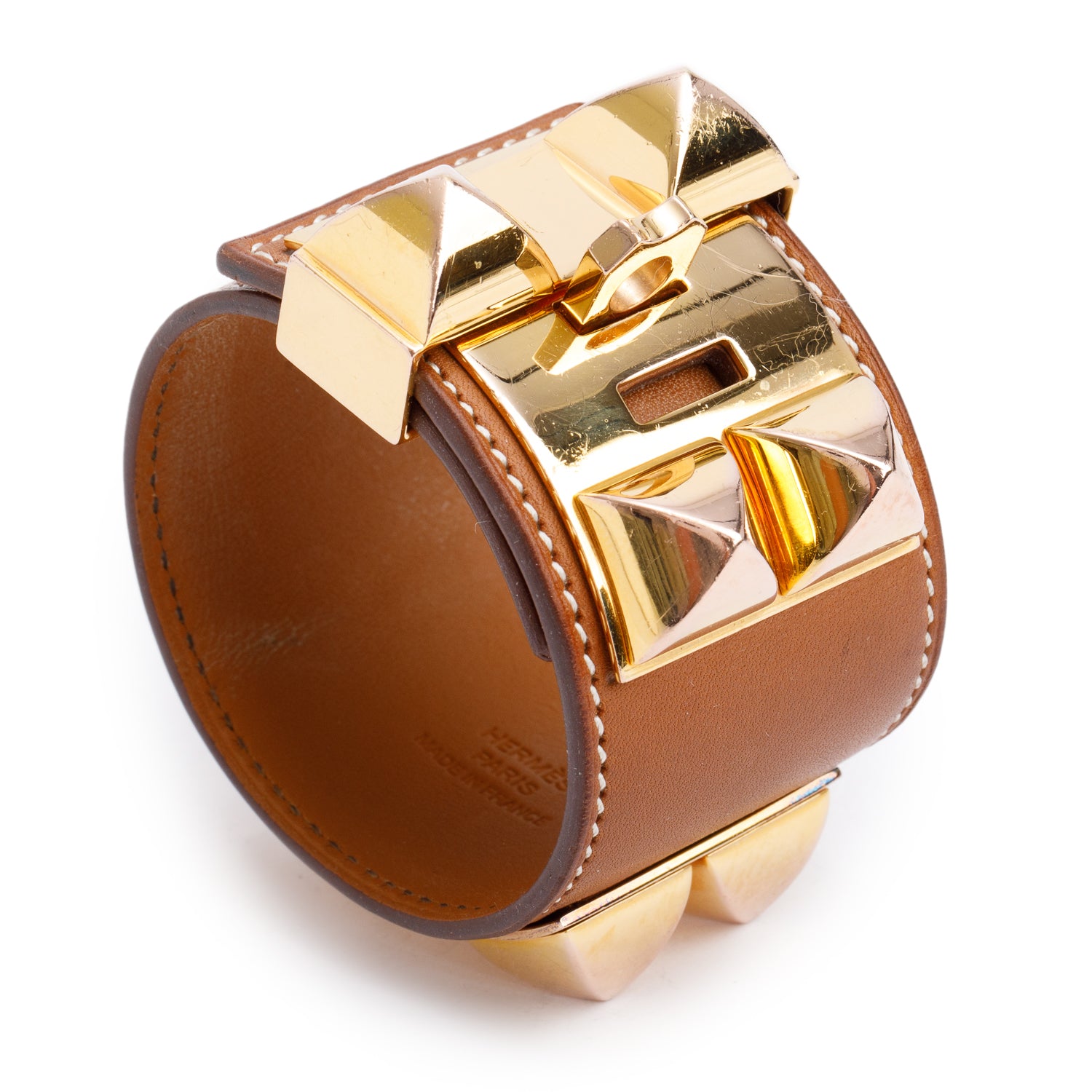 Hermes Gold-Plated Gold Box Calfskin Leather Collier de Chien Bracelet, Size S w/ Box