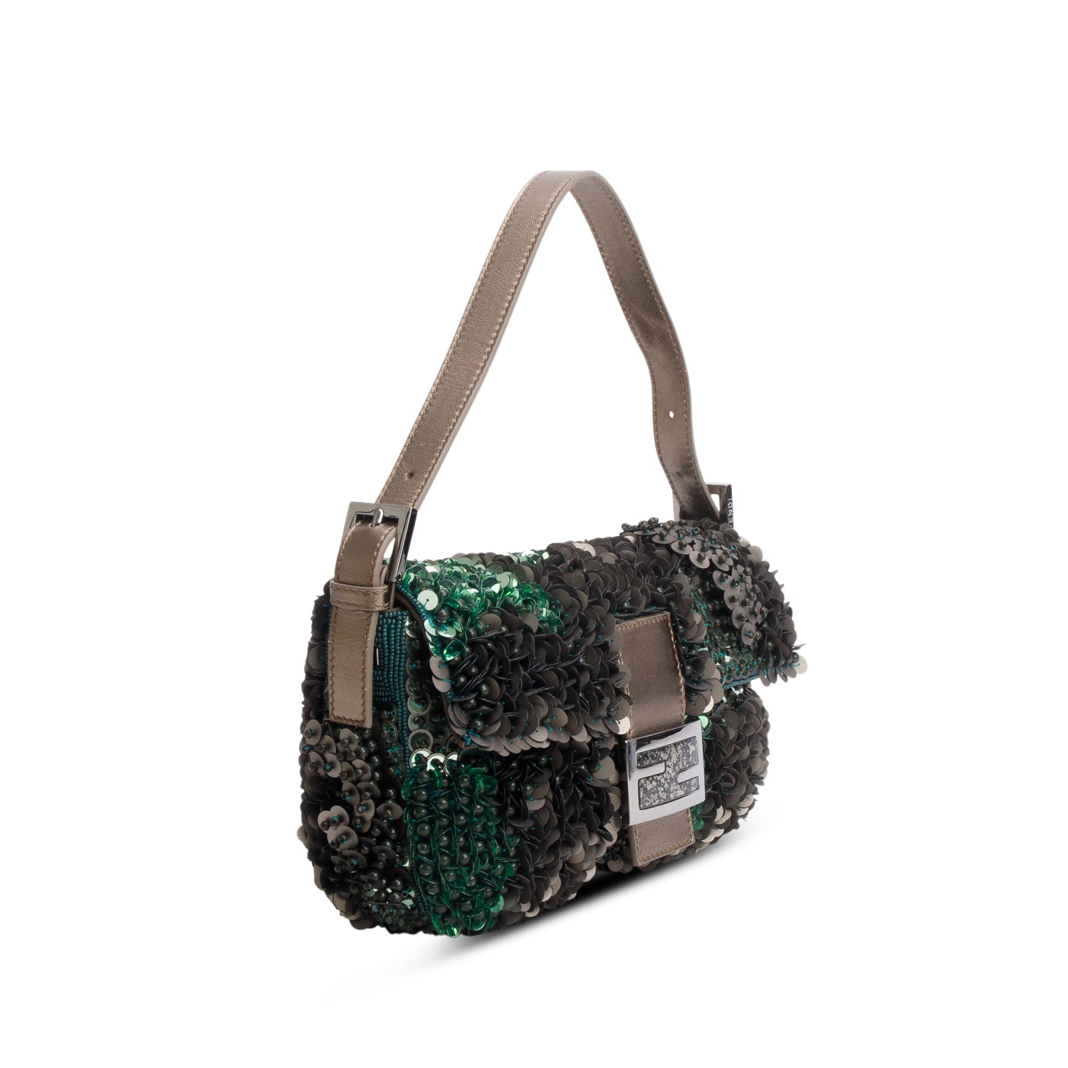 Fendi Green Vitello Sequin Beaded Baguette Bag