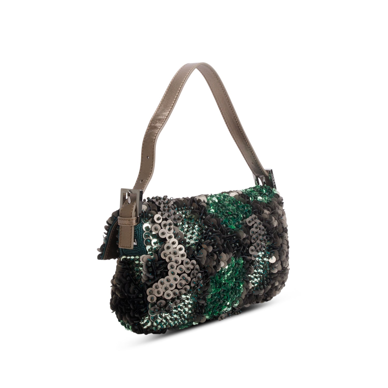 Fendi Green Vitello Sequin Beaded Baguette Bag