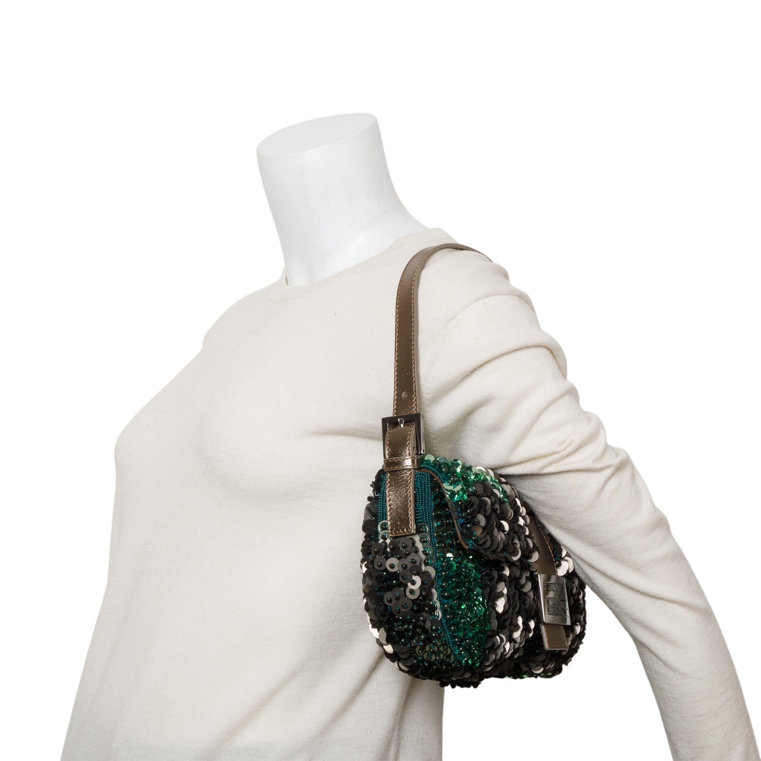 Fendi Green Vitello Sequin Beaded Baguette Bag