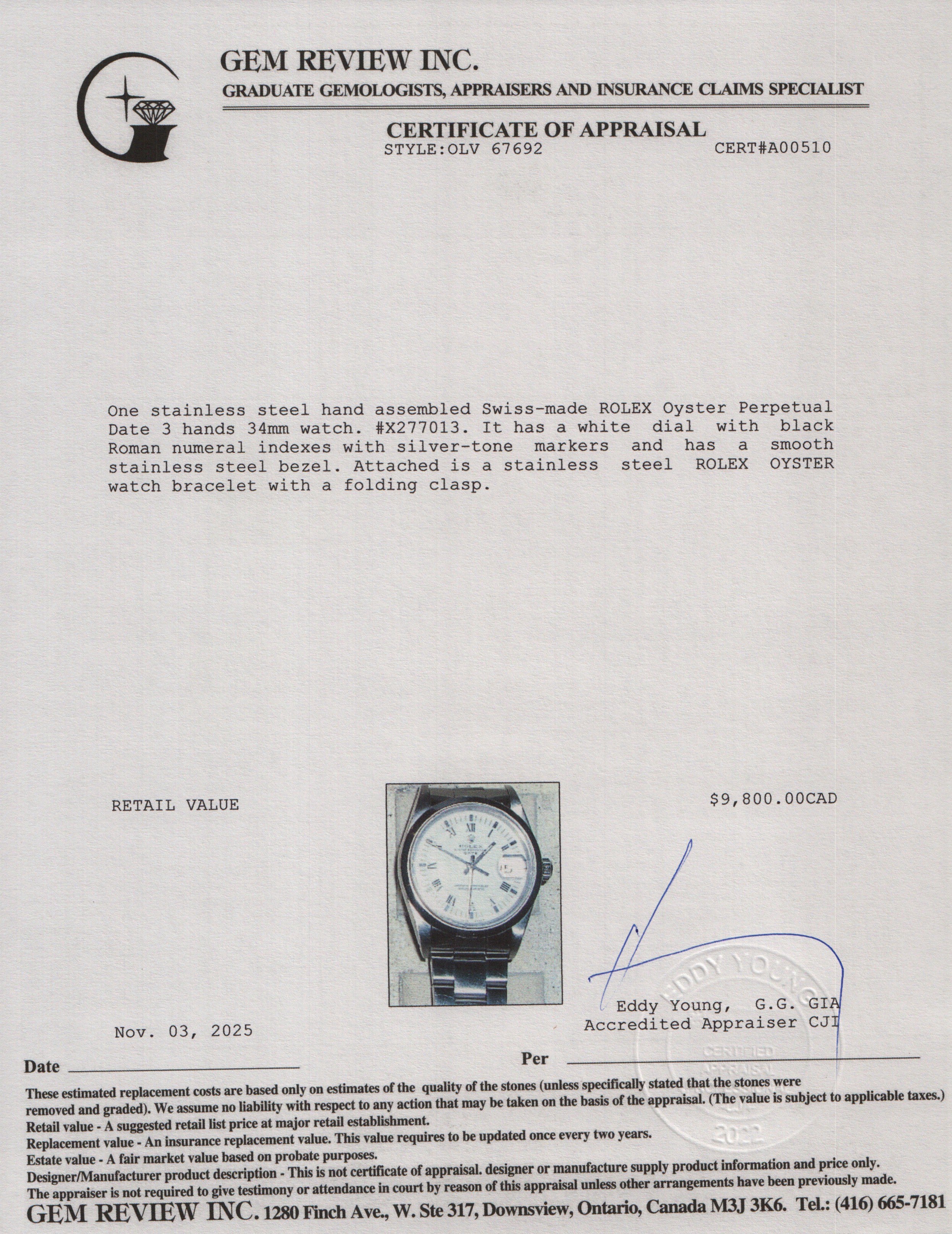 Rolex Stainless Steel Oyster Perpetual Date 34 MM Watch White Dial 15200 w/ Box