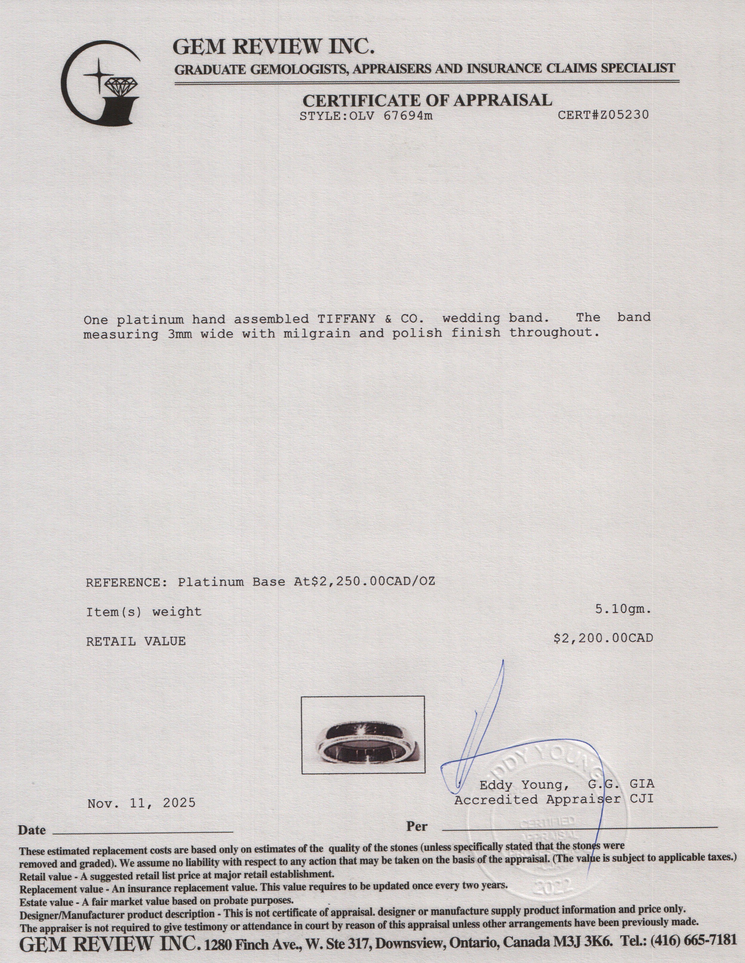 Tiffany & Co. Platinum Together Milgrain 3 MM Wedding Band Ring, Size 4.5