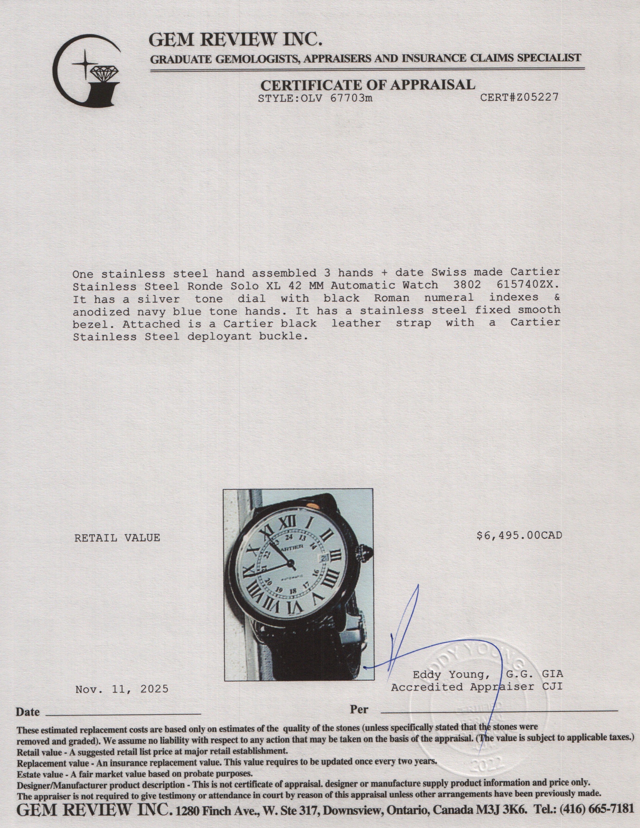 Cartier 2022 Stainless Steel Ronde Solo XL 42 MM Automatic Watch 3802