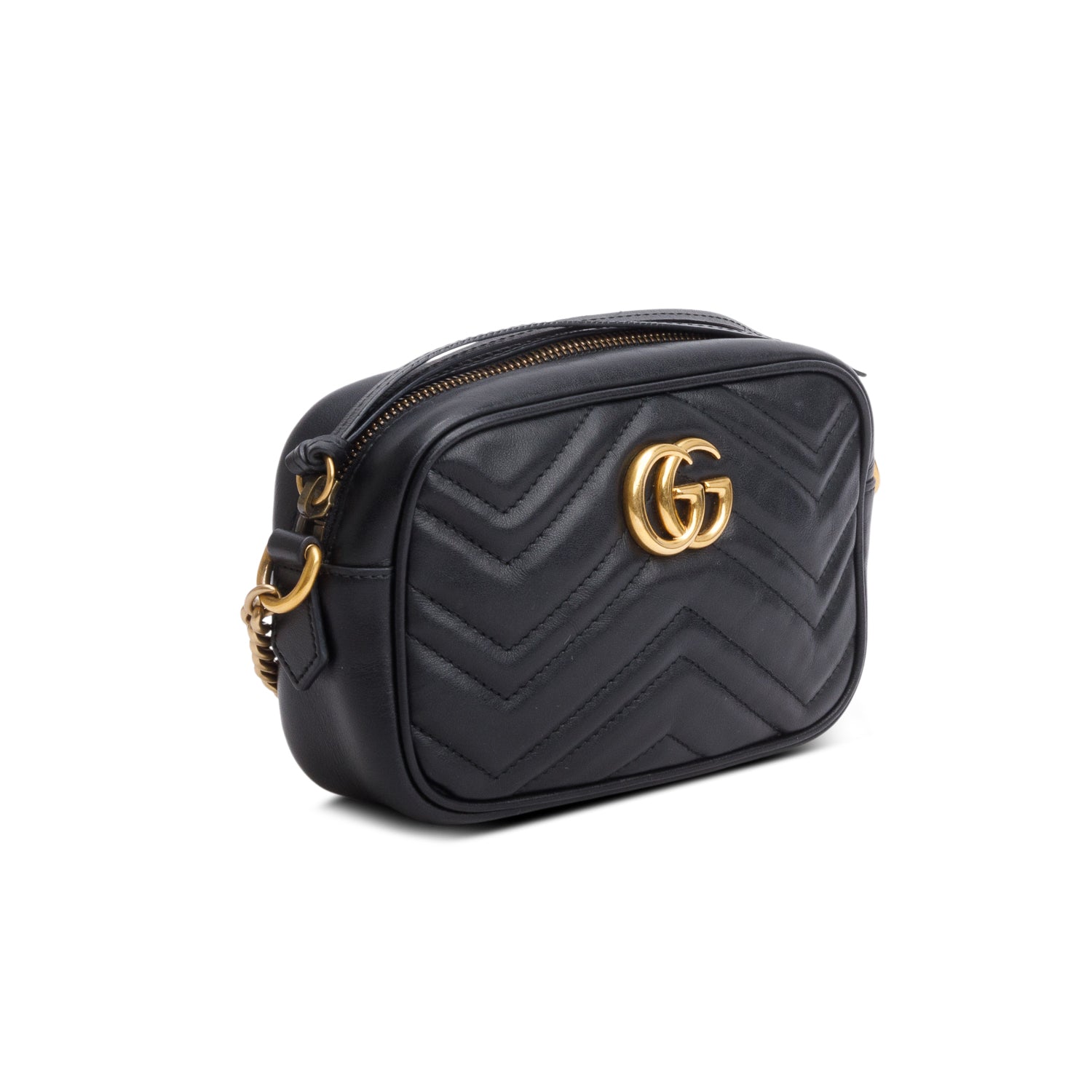 Gucci Black Calfskin Matelasse Mini GG Marmont Chain Shoulder Bag
