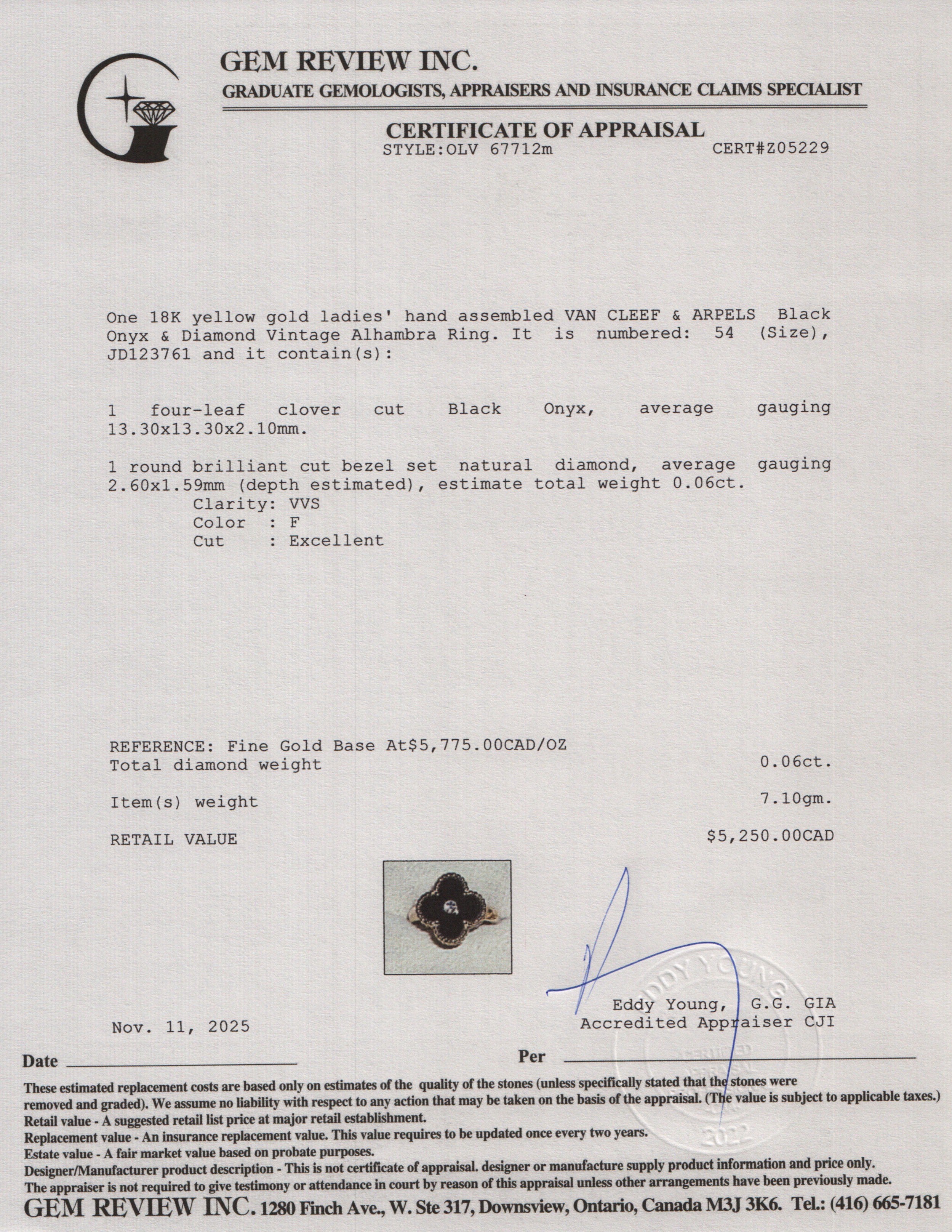 Van Cleef & Arpels 2022 18k Yellow Gold Onyx & Diamond Vintage Alhambra Ring, Size 54 6.75 w/ Box, Certificate & Receipt