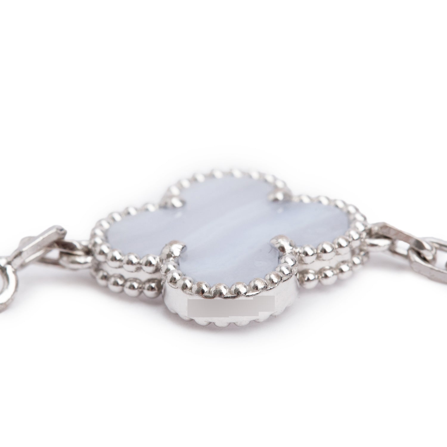 Van Cleef & Arpels 2023 18k White Gold Vintage Alhambra 5 Motif Chalcedony Bracelet w/ Pouch & Receipt
