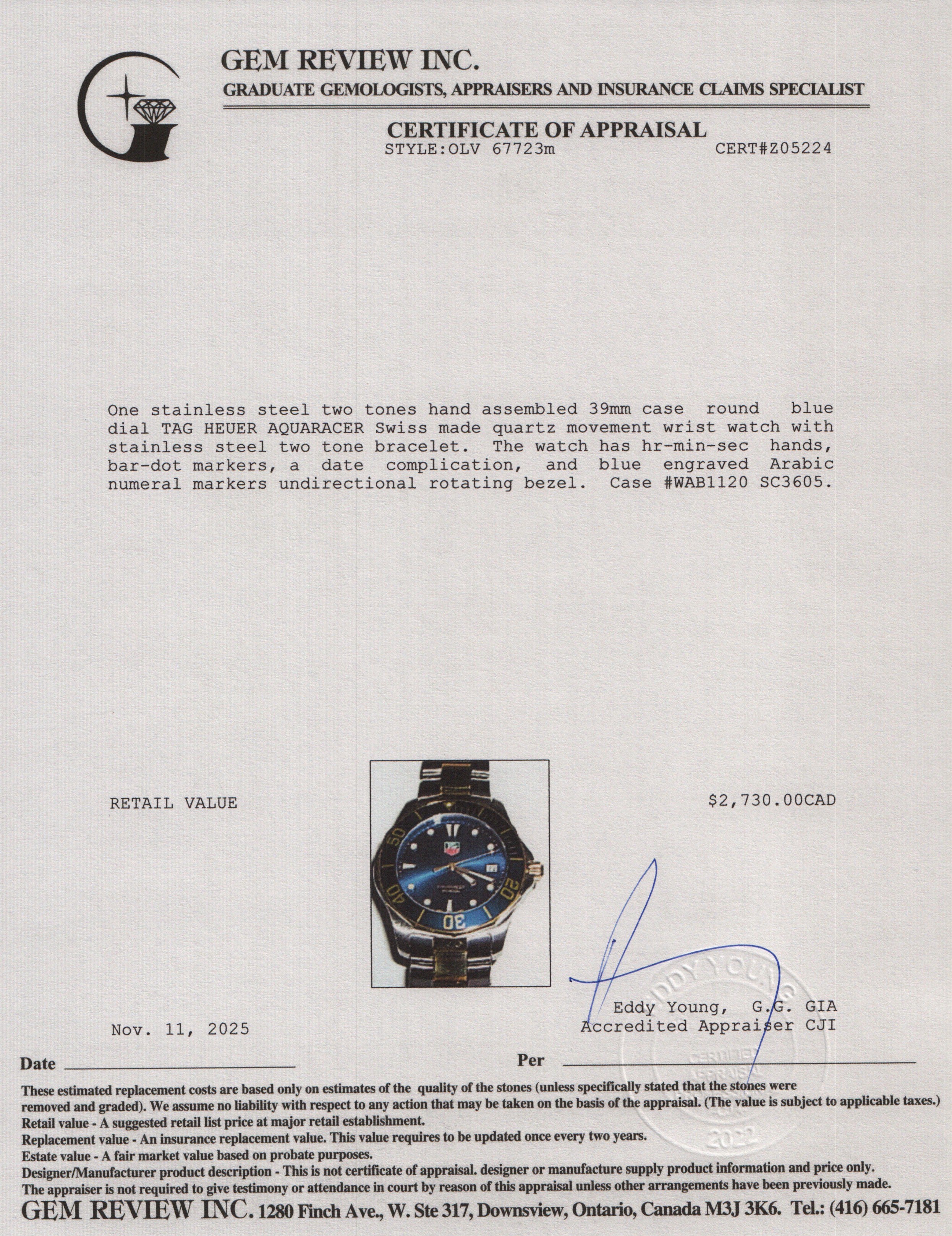 Tag Heuer Two-Tone Stainless Steel Aquaracer 39 MM Watch Blue Dial WAB1120 w/ Box & Papers