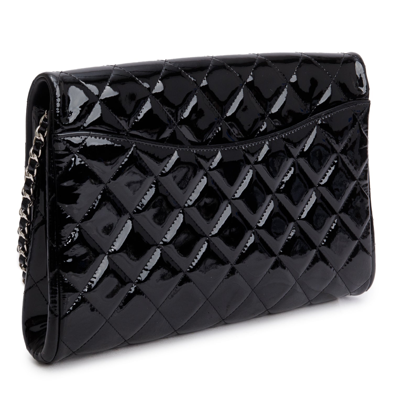 Chanel Black Patent Leather Quilted New Clutch with Chain w/ Authenticity Card
