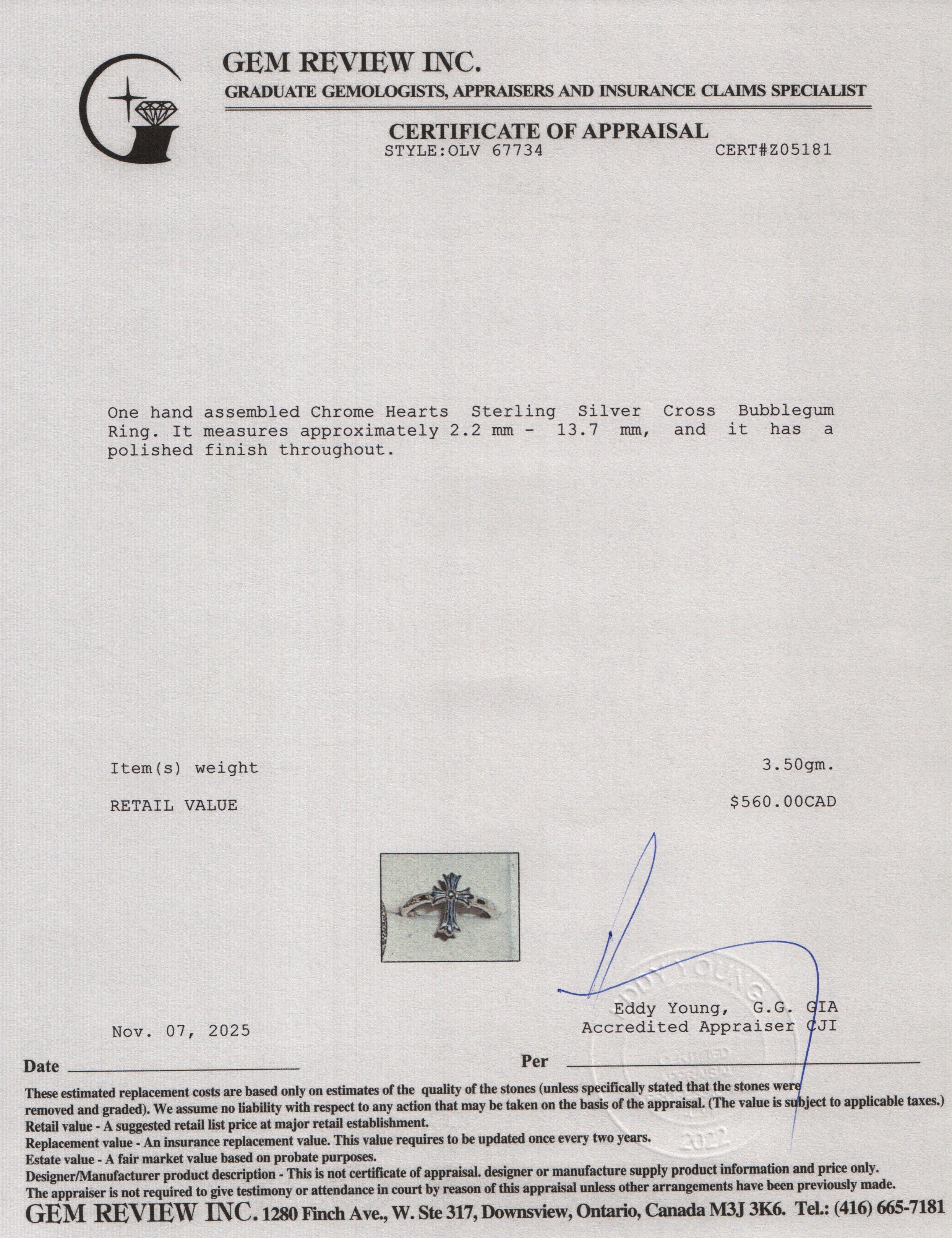 Chrome Hearts Sterling Silver Cross Bubblegum Ring, Size 7.25