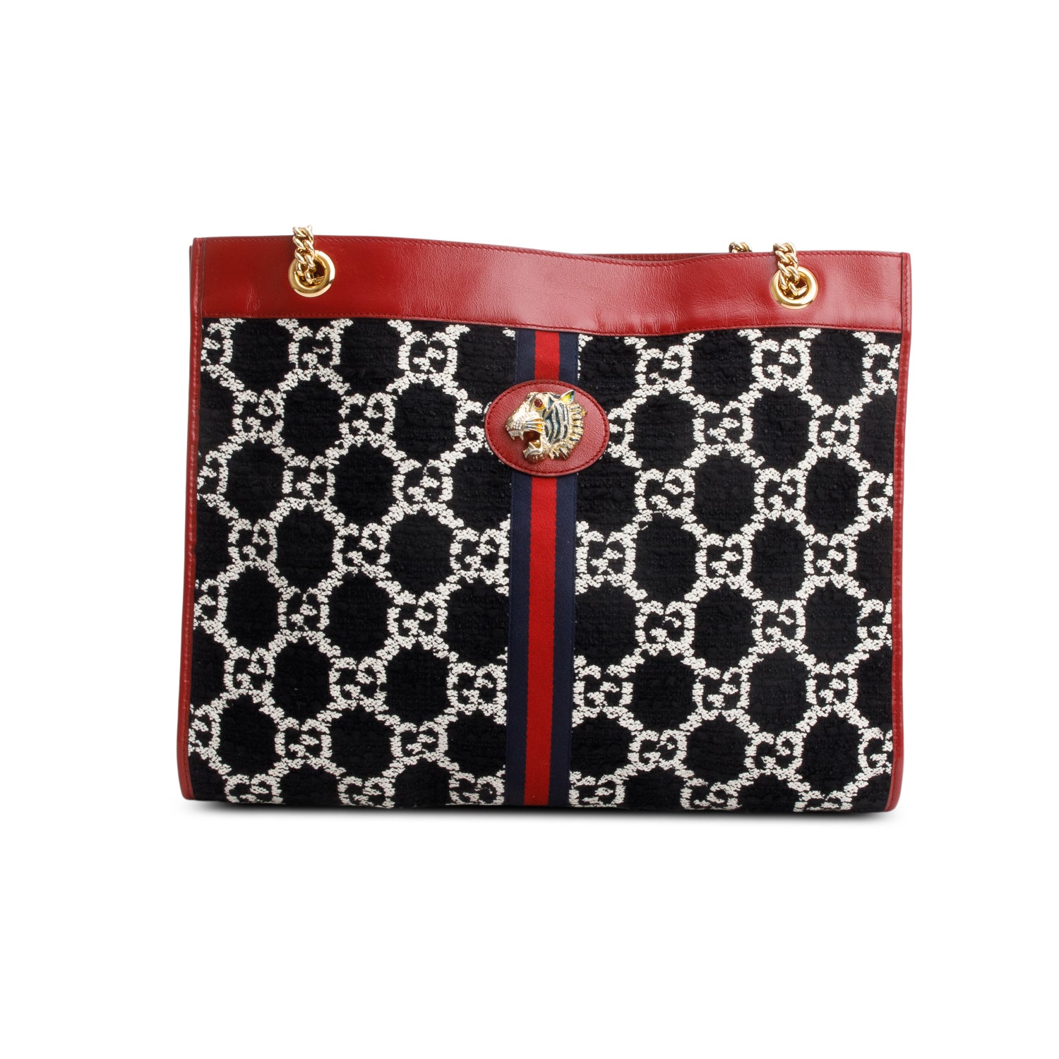 Gucci Black Tweed GG Monogram Large Rajah Chain Tote w/ Pouch