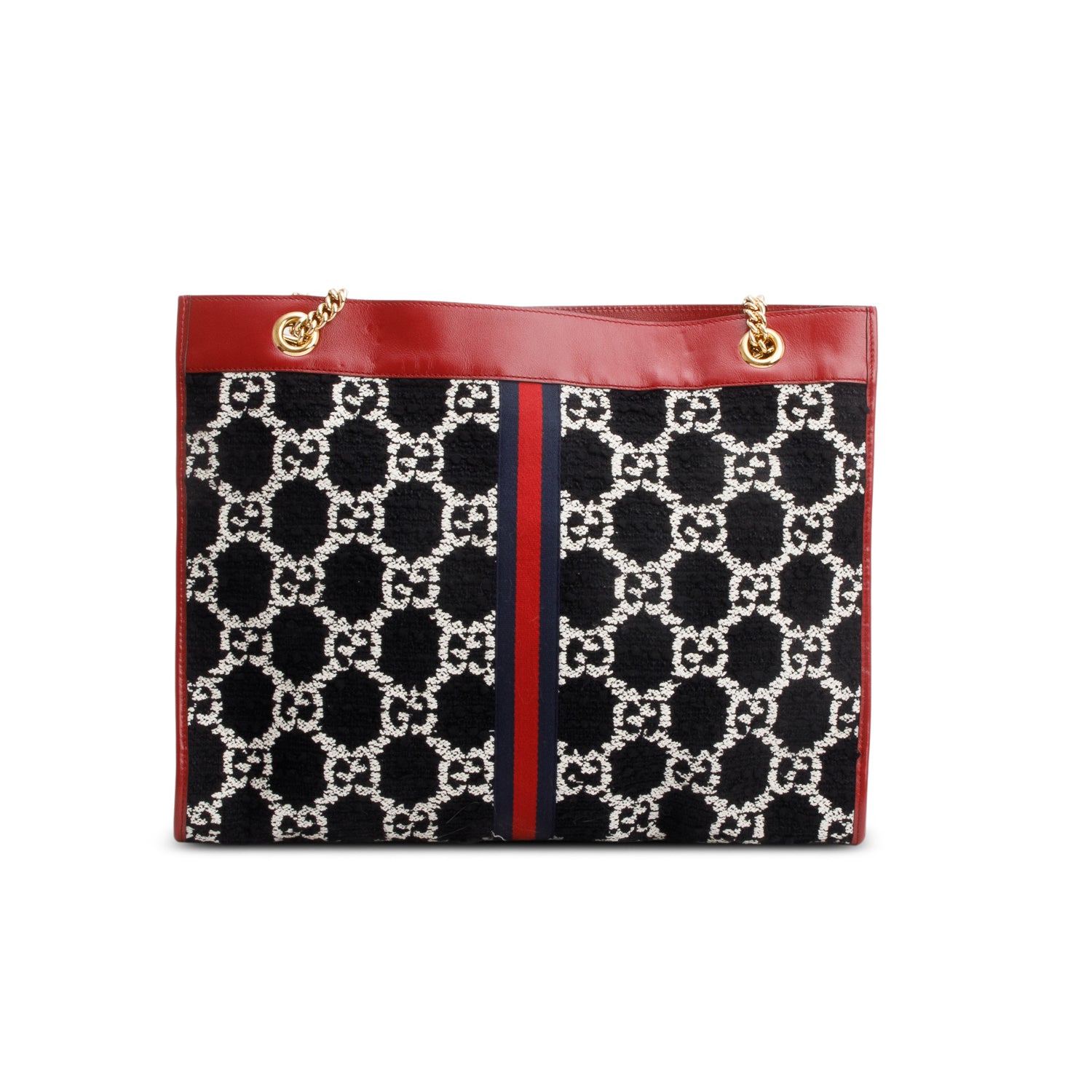 Gucci Black Tweed GG Monogram Large Rajah Chain Tote w/ Pouch