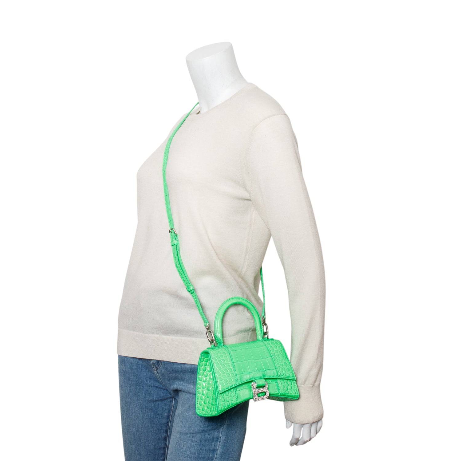 Balenciaga Green Croc-Embossed Leather XS Hourglass Crystal Top Handle Bag w/ Strap