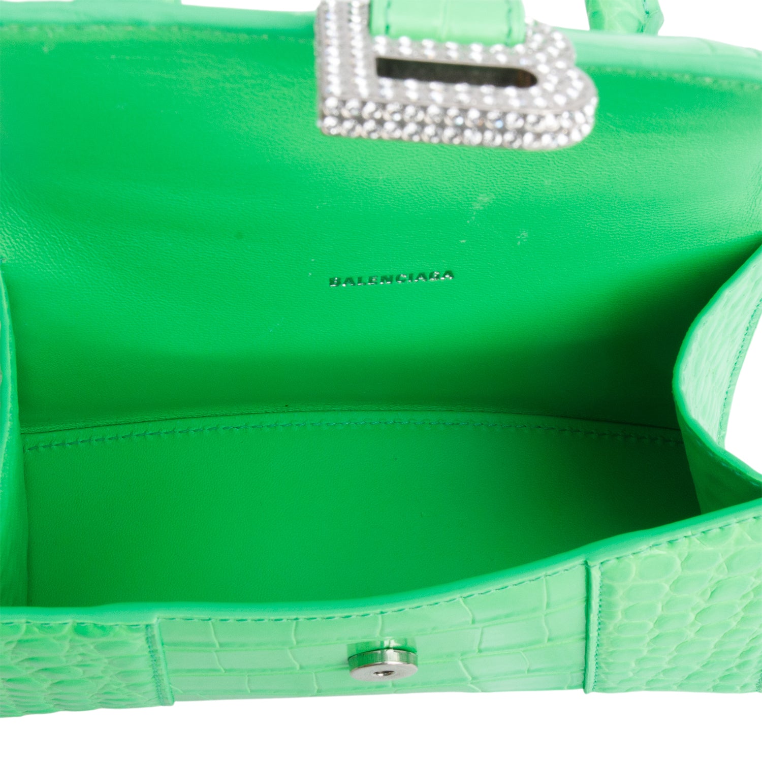Balenciaga Green Croc-Embossed Leather XS Hourglass Crystal Top Handle Bag w/ Strap