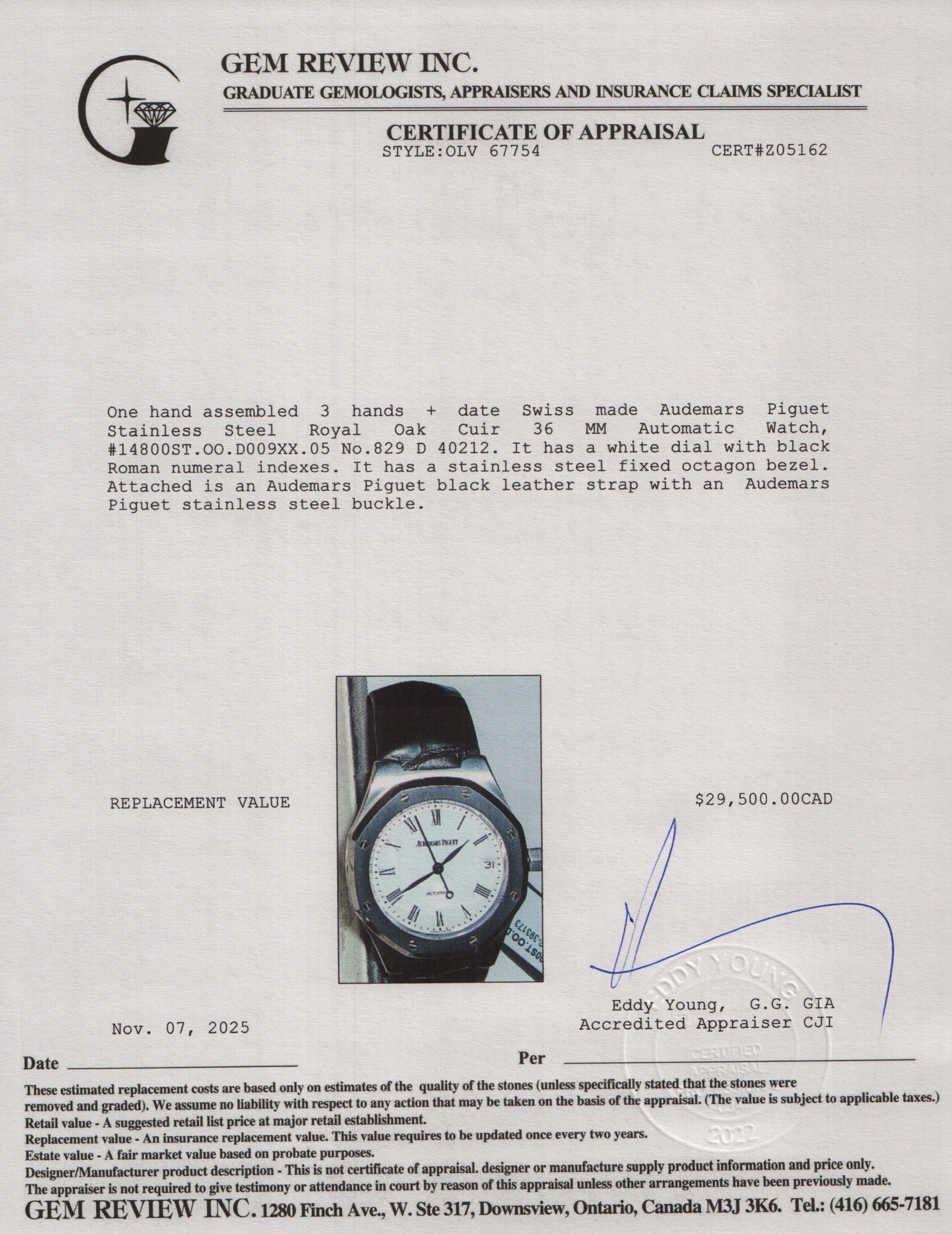 Audemars Piguet Stainless Steel Royal Oak Cuir 36 MM Automatic Watch w/ Box