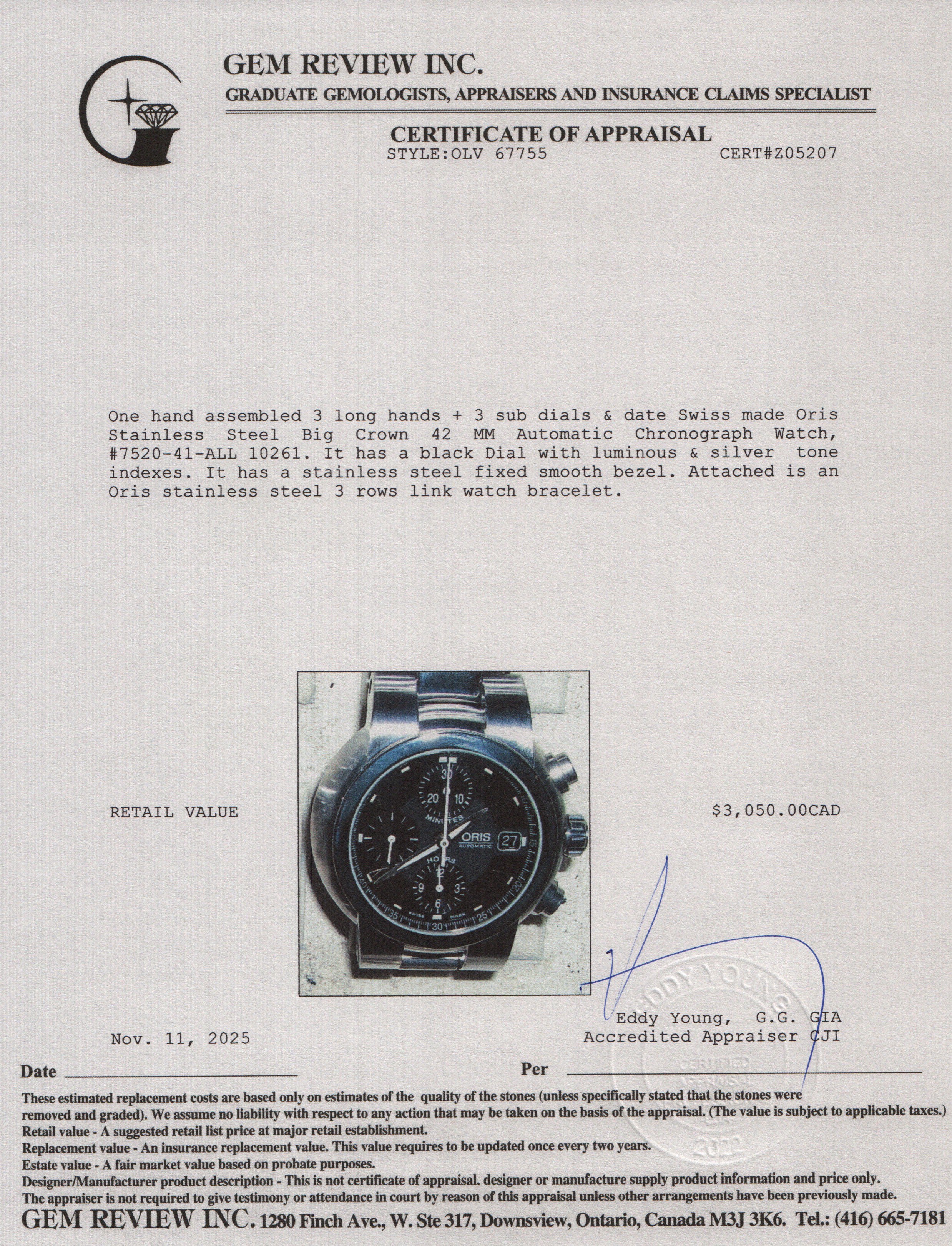 Oris Stainless Steel Big Crown 42 MM Automatic Chronograph Watch w/ Box