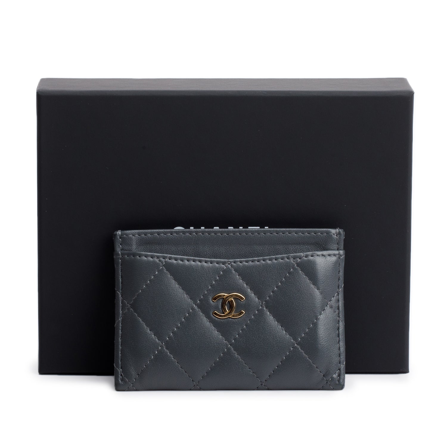 Chanel Grey Lambskin Leather Classic Card Holder w/ Box