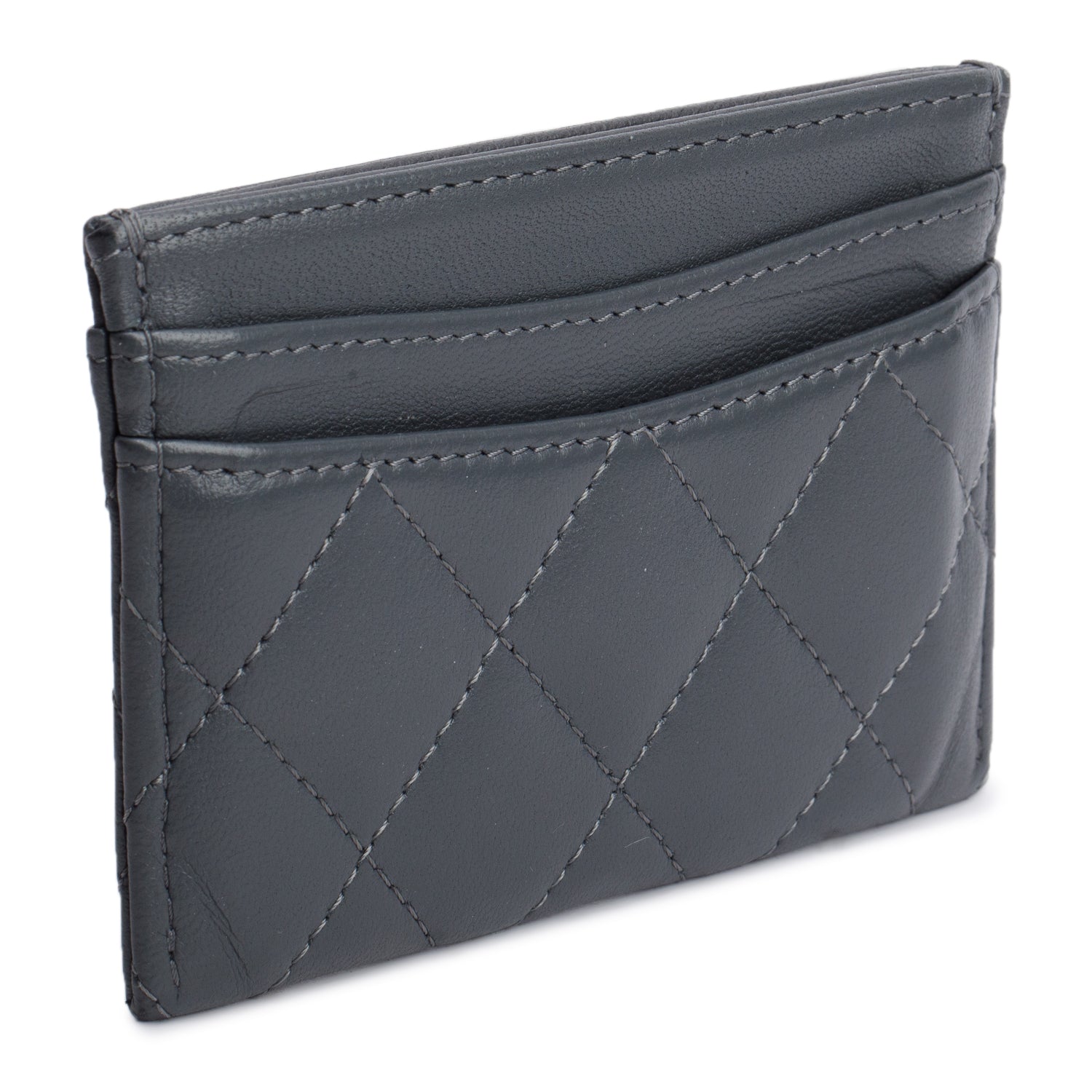 Chanel Grey Lambskin Leather Classic Card Holder w/ Box