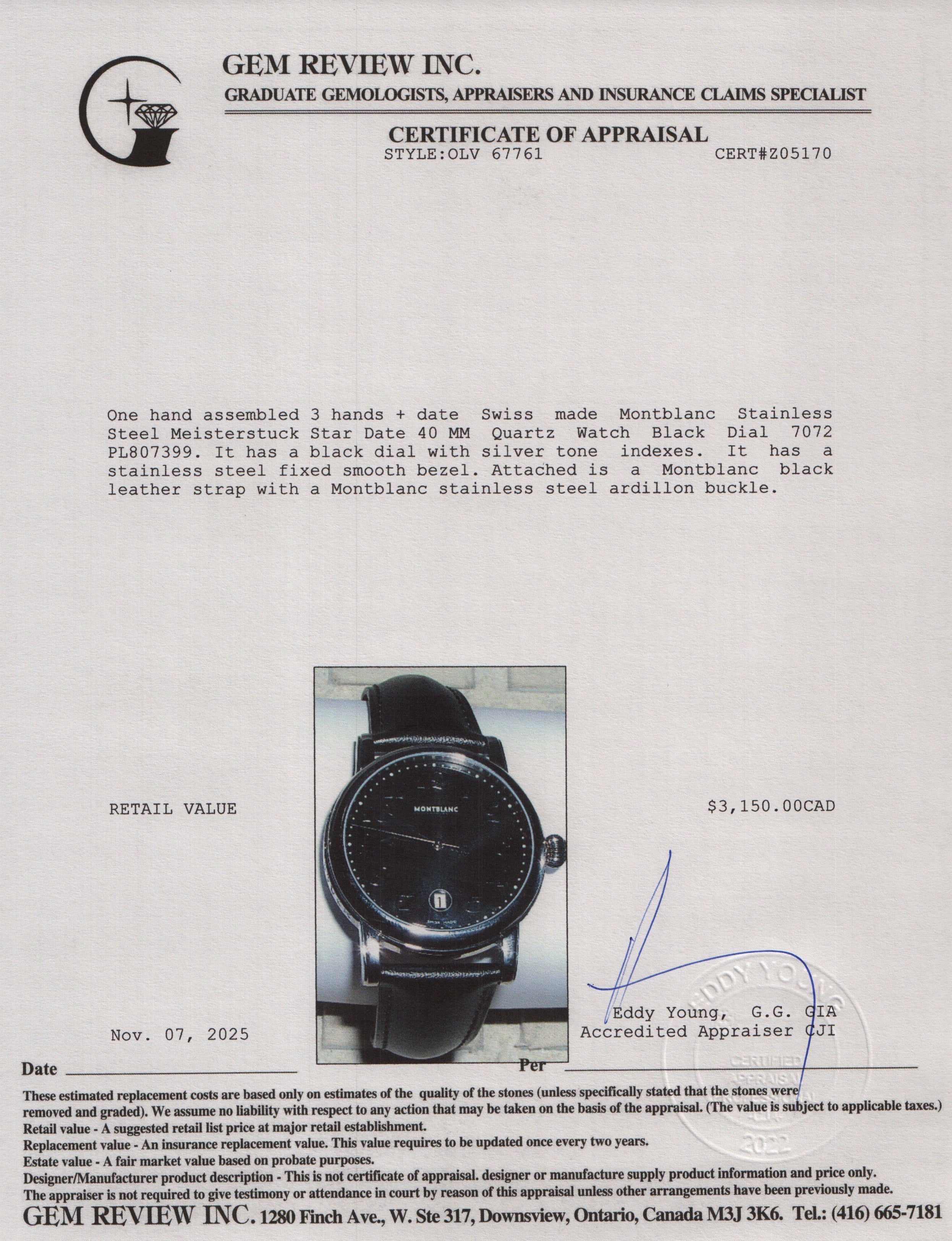 Montblanc Stainless Steel Meisterstuck Star Date 40 MM Quartz Watch Black Dial 7072 w/ Box