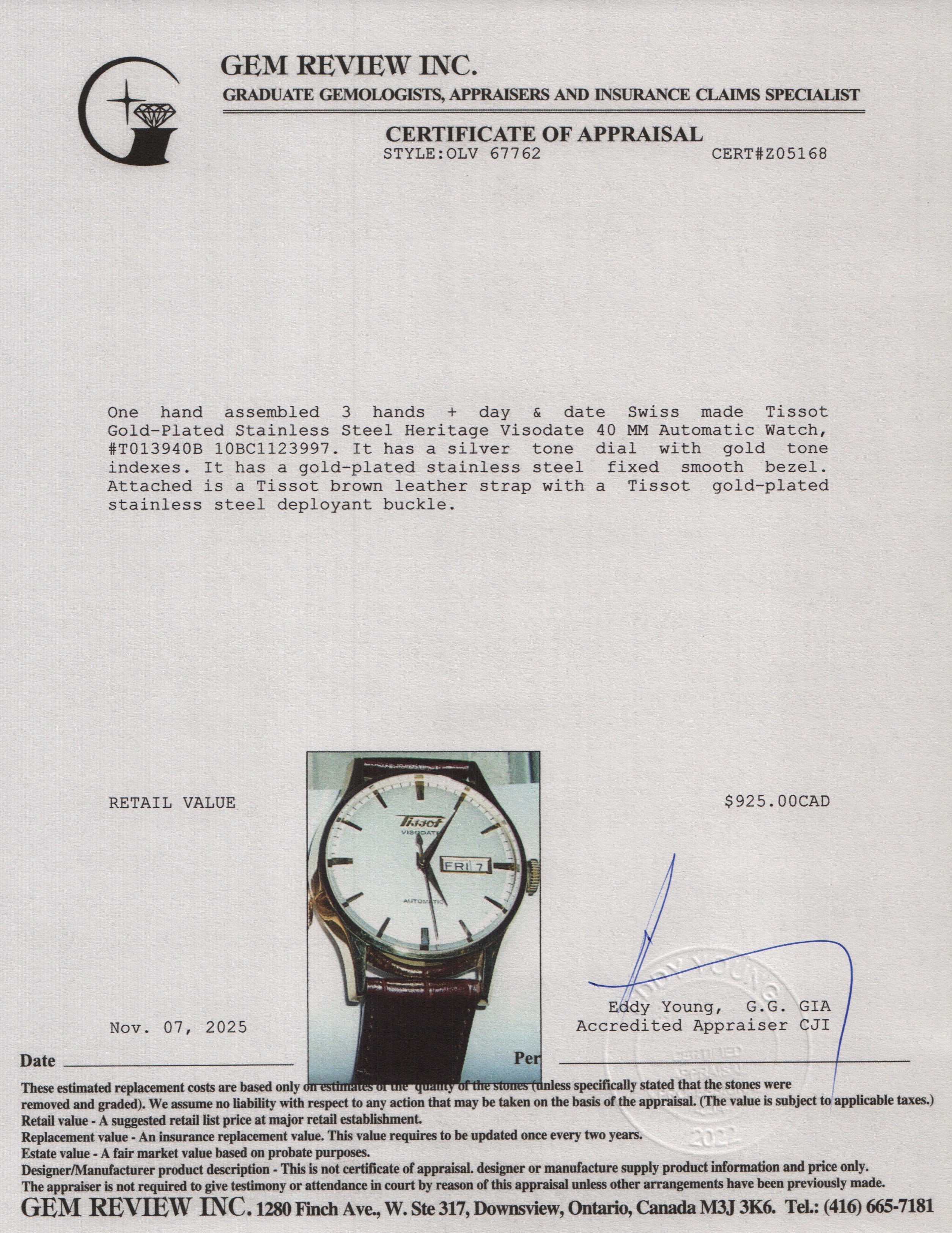 Tissot Gold-Plated Stainless Steel Heritage Visodate 40 MM Automatic Watch w/ Box & Papers