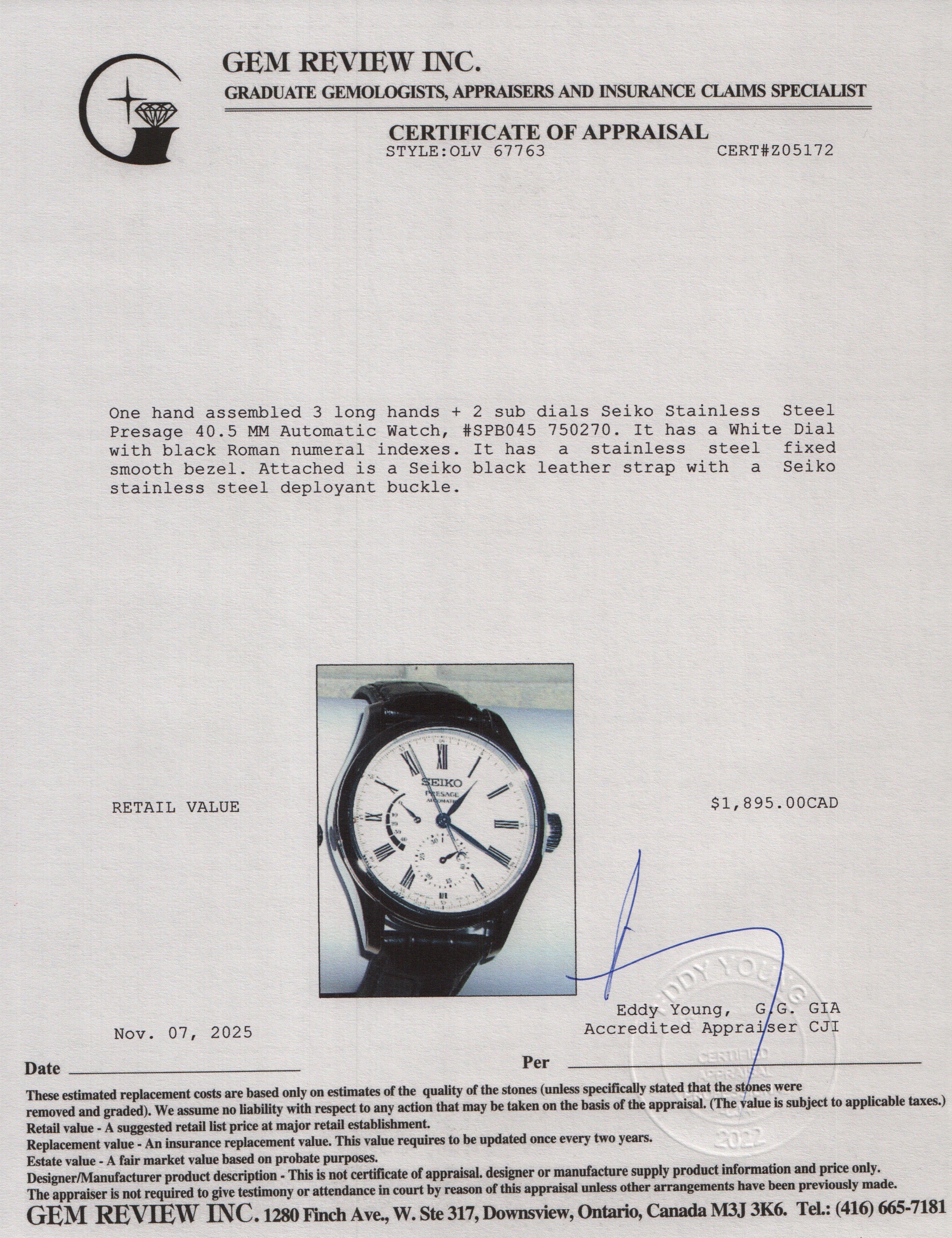 Seiko Stainless Steel Presage 40.5 MM Automatic Watch White Dial SPB045 w/ Box & Papers