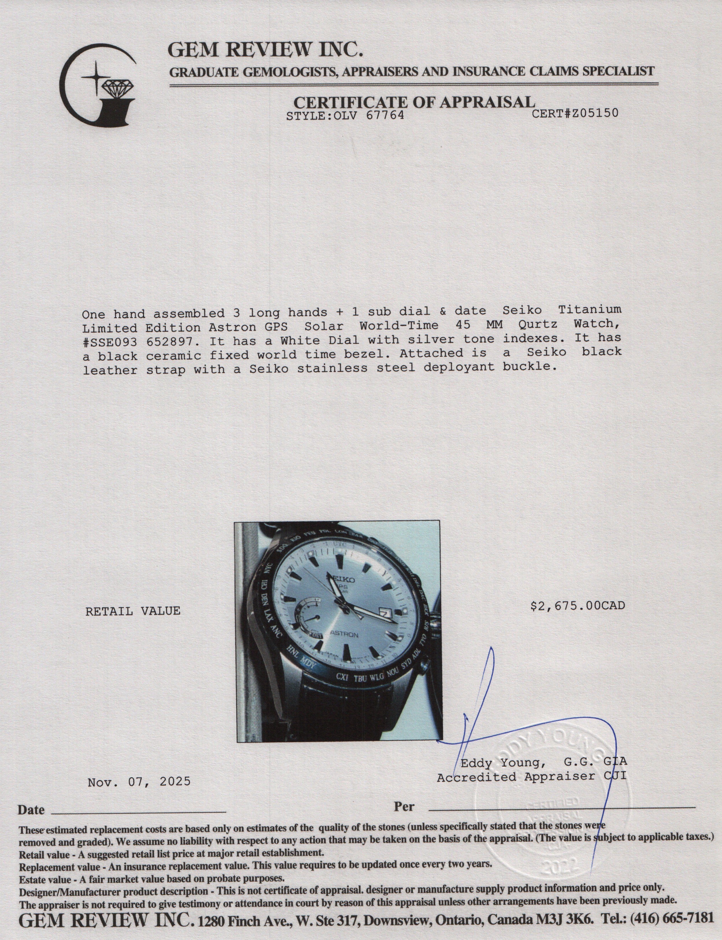 Seiko Titanium Limited Edition Astron GPS Solar World-Time 45 MM Quartz Watch White Dial SSE093 w/ Box & Papers