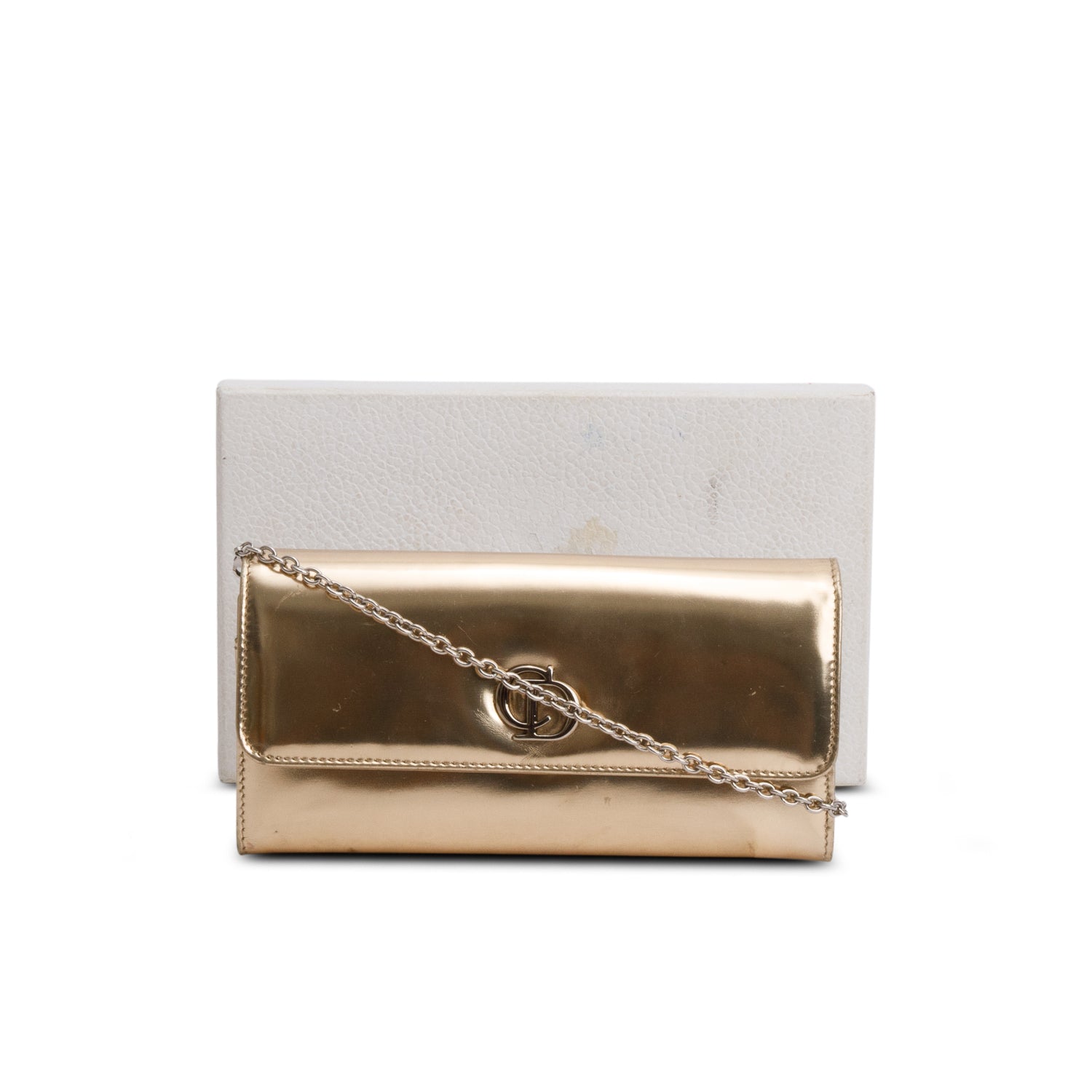 Christian Dior Gold Patent Leather Timeless Rendezvous Wallet on Chain w/ Box & Receipt