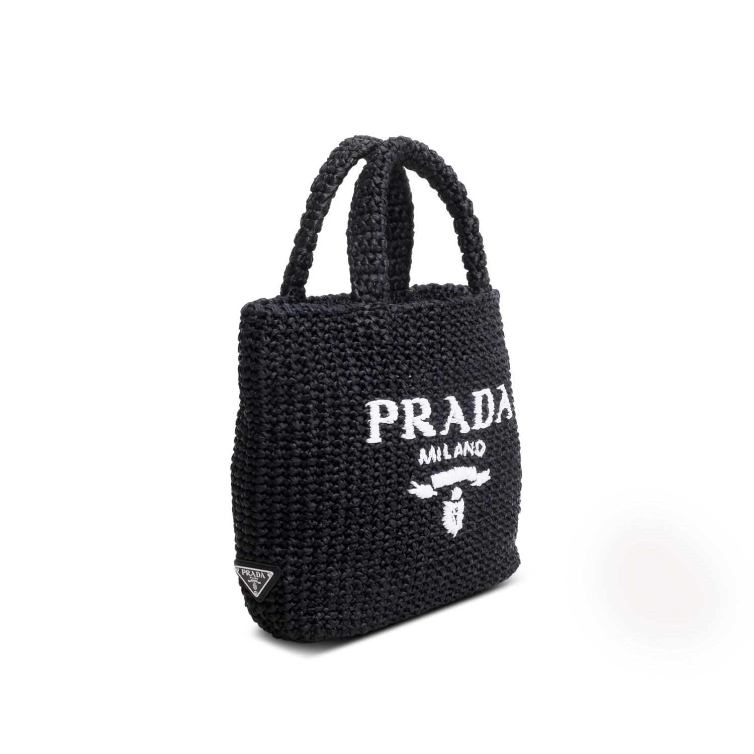 Prada Black Yarn Raffia Effect Crochet Small Logo Tote