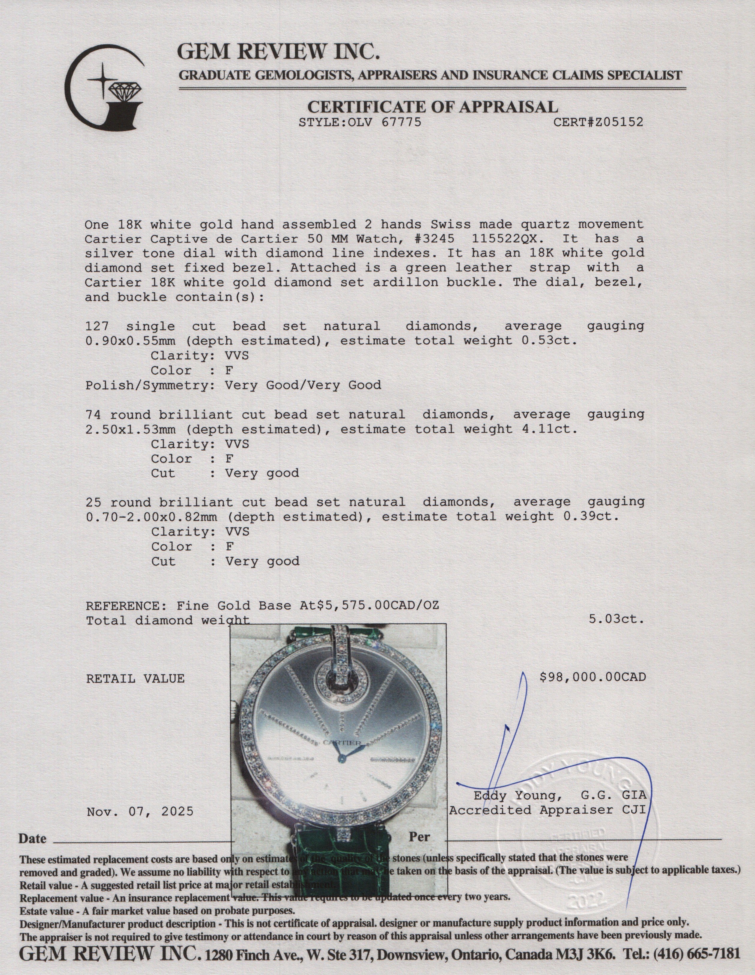 Cartier 18k White Gold Diamond Bezel Captive de Cartier 50 MM Watch Silver Diamond Dial 3245 w/ Box & Extra Strap