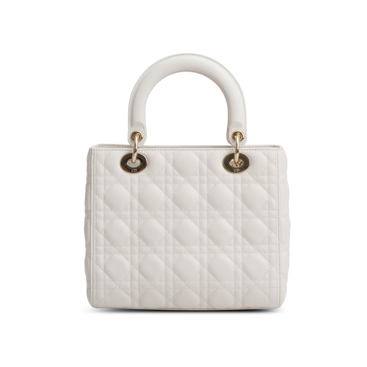 Christian Dior White Cannage Lambskin Leather Medium Lady Dior Bag w/ Strap & Box