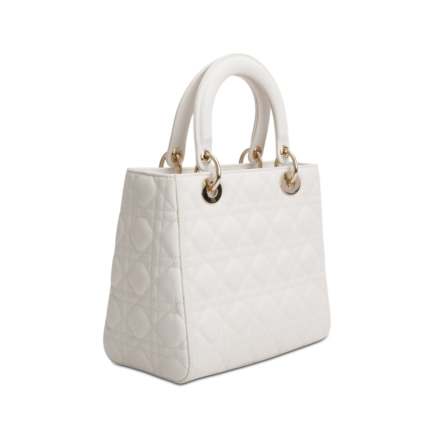 Christian Dior White Cannage Lambskin Leather Medium Lady Dior Bag w/ Strap & Box