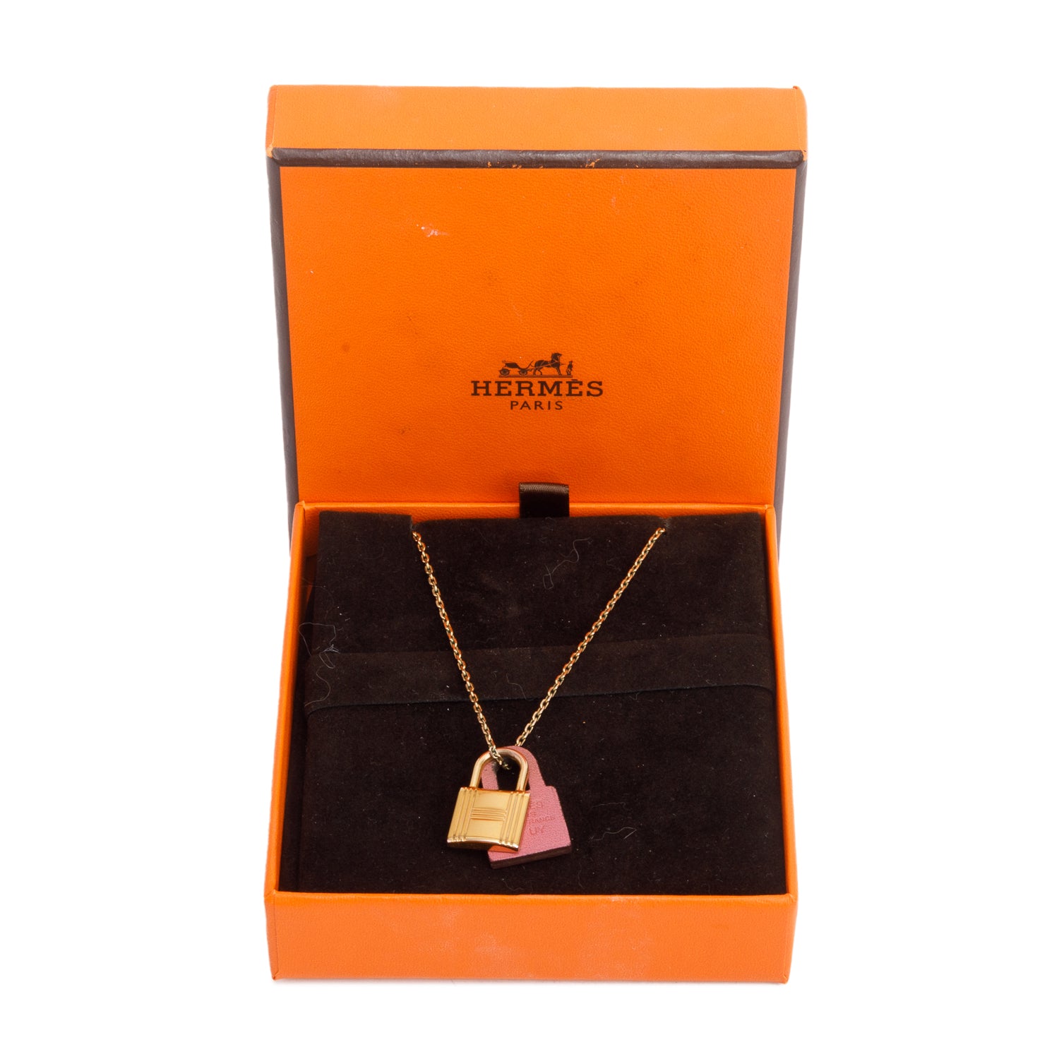 Hermes Gold-Plated Pink Swift Leather O'Kelly Pendant Necklace w/ Box