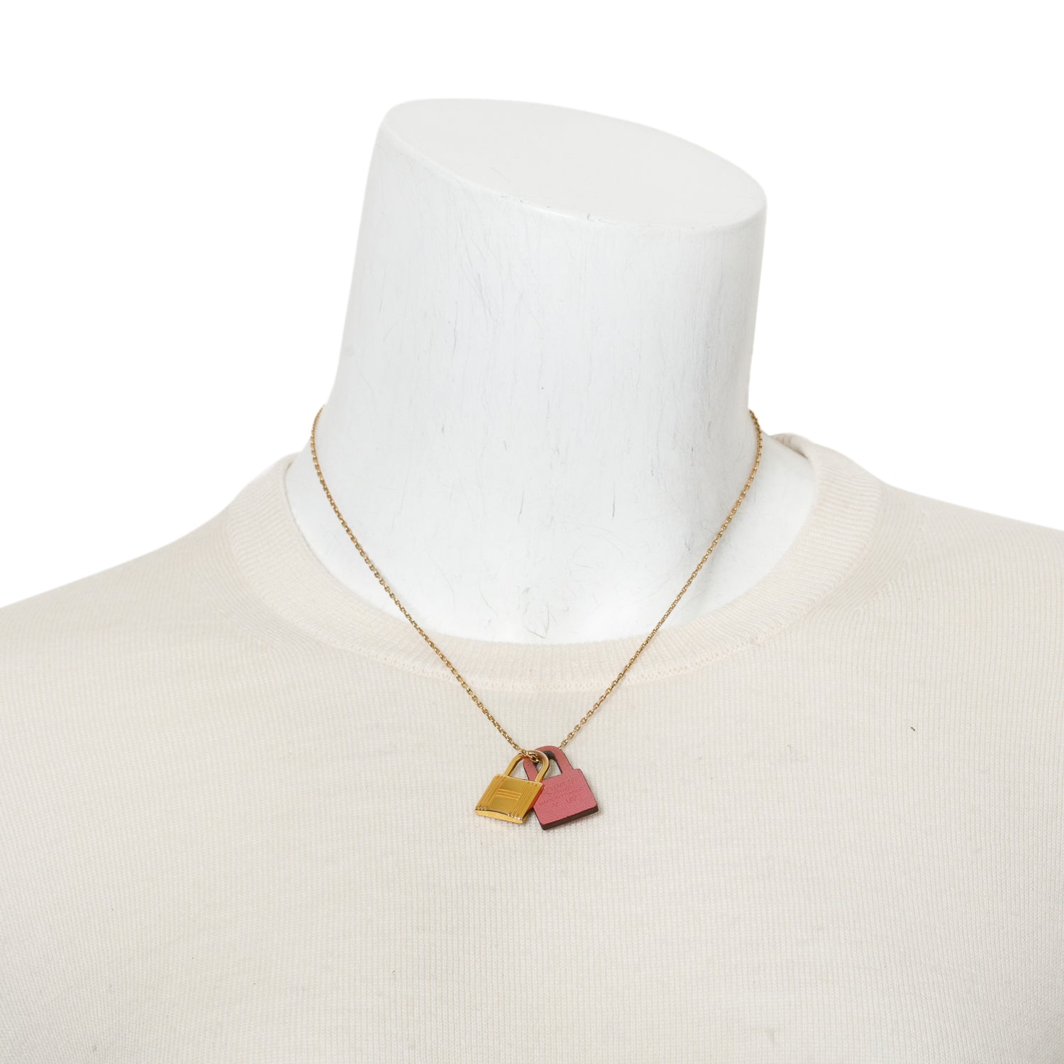 Hermes Gold-Plated Pink Swift Leather O'Kelly Pendant Necklace w/ Box