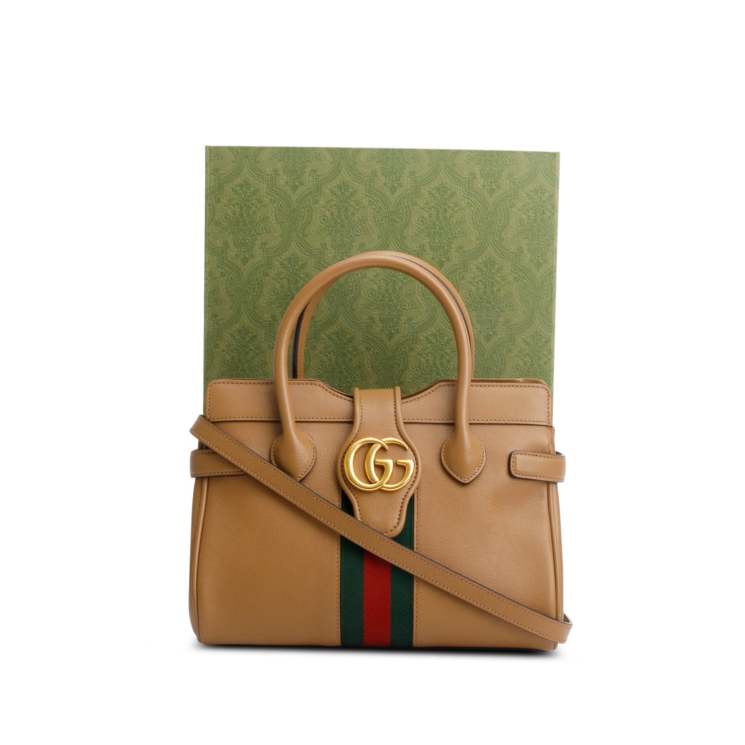 Gucci Brown Calfksin Leather Small Dahlia Handle Bag w/ Strap & Box