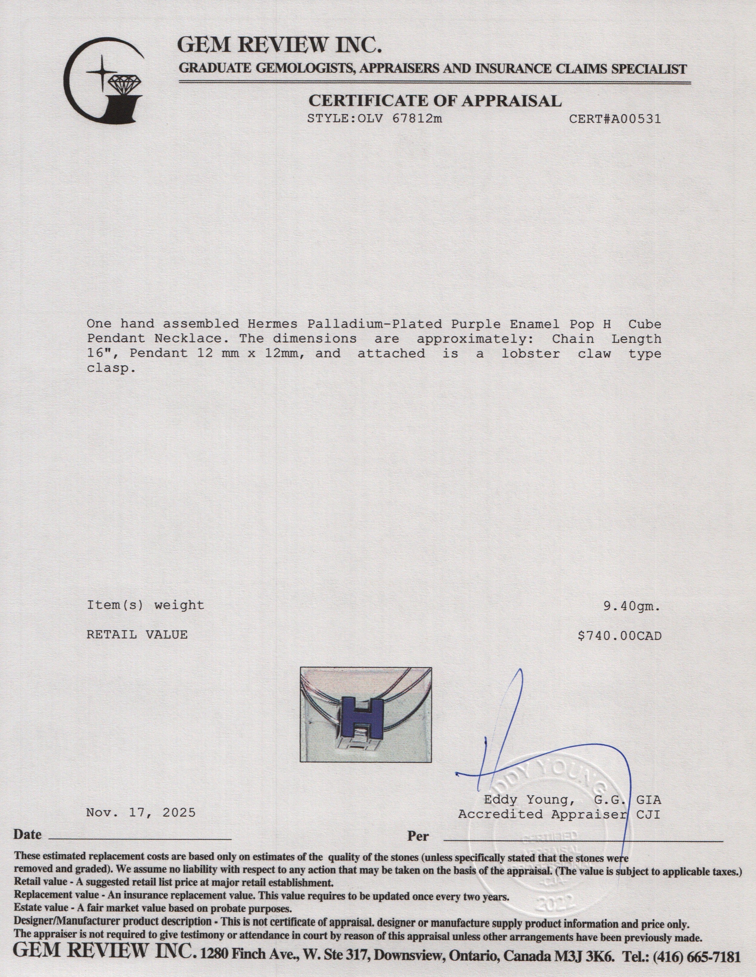 Hermes Palladium-Plated Purple Enamel Pop H Cube Pendant Necklace w/ Box