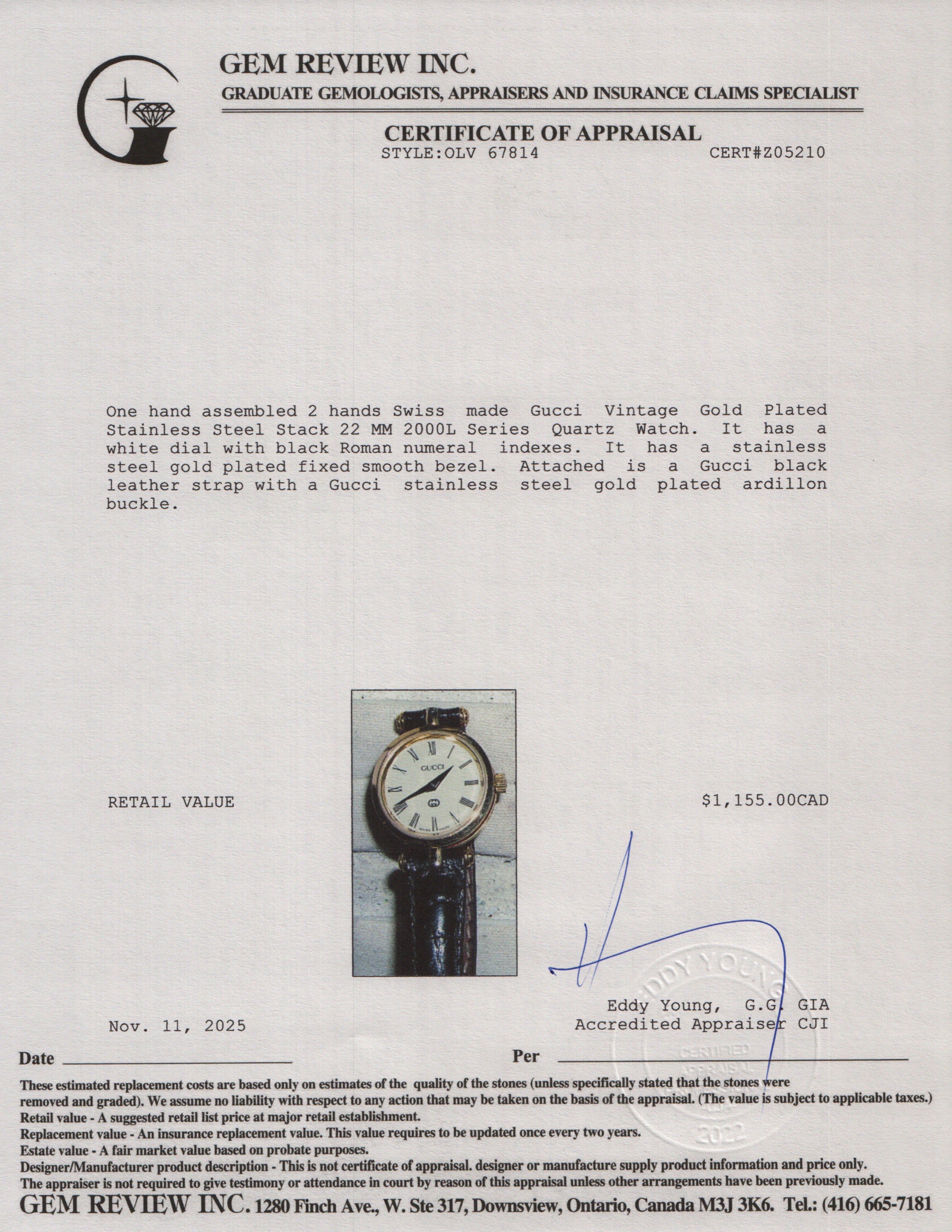 Gucci Vintage Gold Plated Stainless Steel Stack 22 MM 2000L Series Quartz Watch White Dial w/ Box