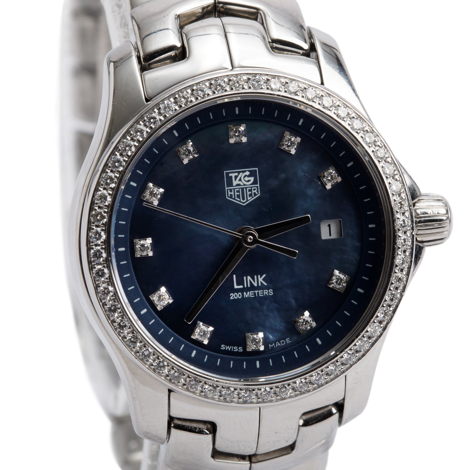 Tag Heuer Stainless Steel Diamond Bezel Link 27 MM Quartz Watch Blue Mother of Pearl Diamond Dial WJF131G