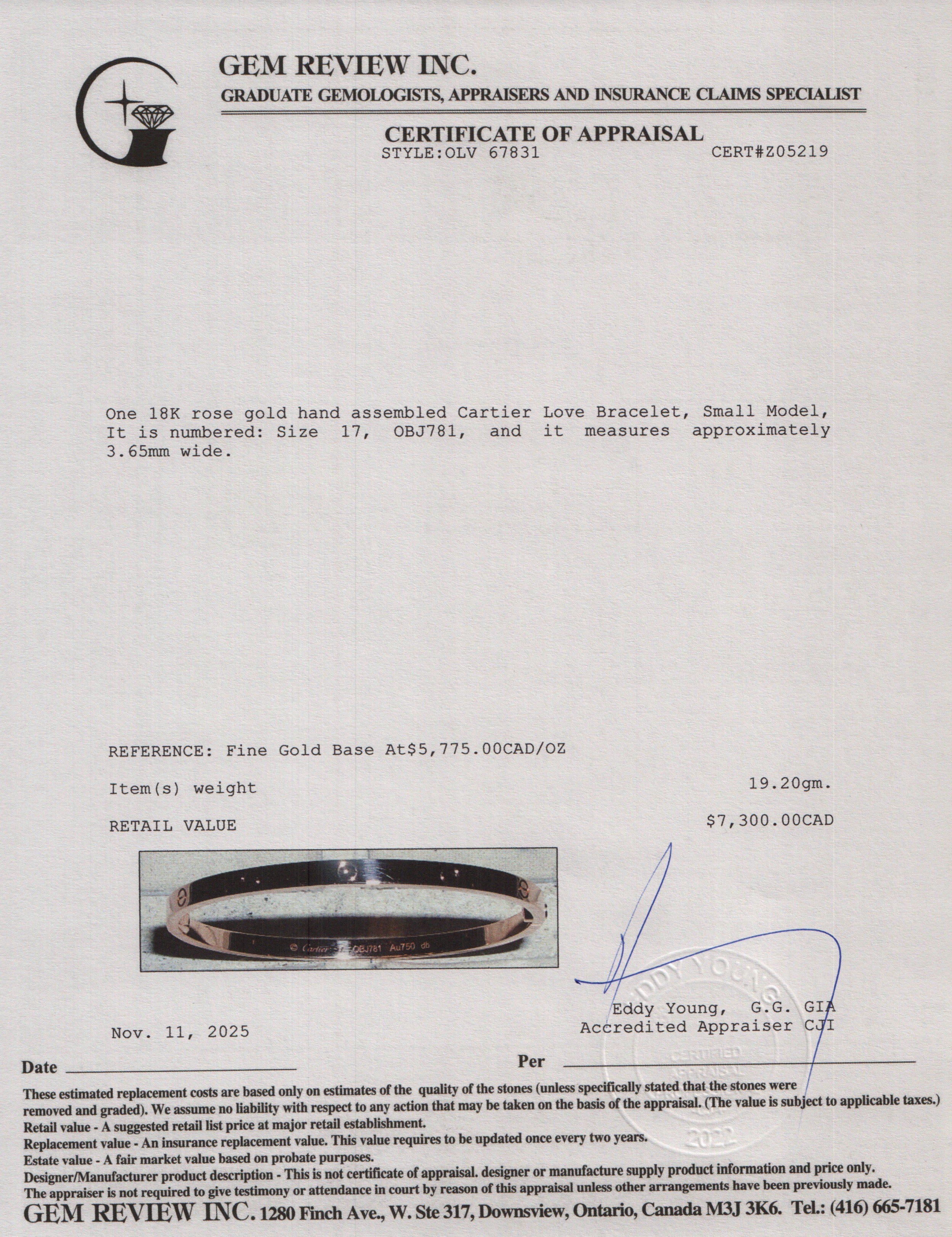 Cartier 2021 18k Rose Gold 3.65 MM Love Bracelet, Small Model, Size 17 w/ Pouch & Certificate